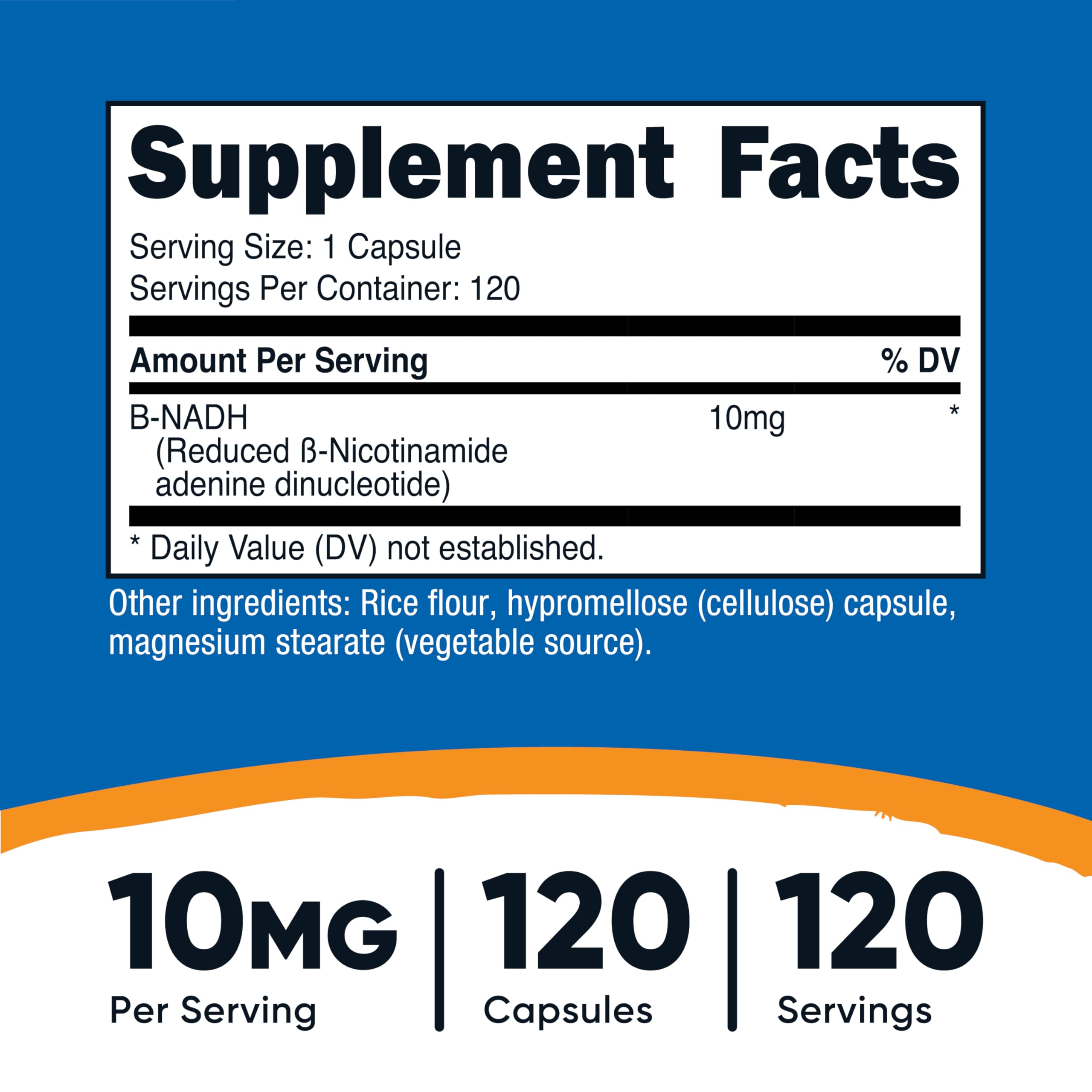 Nutricost NADH 10 mg: etiqueta visible con información de dosis.