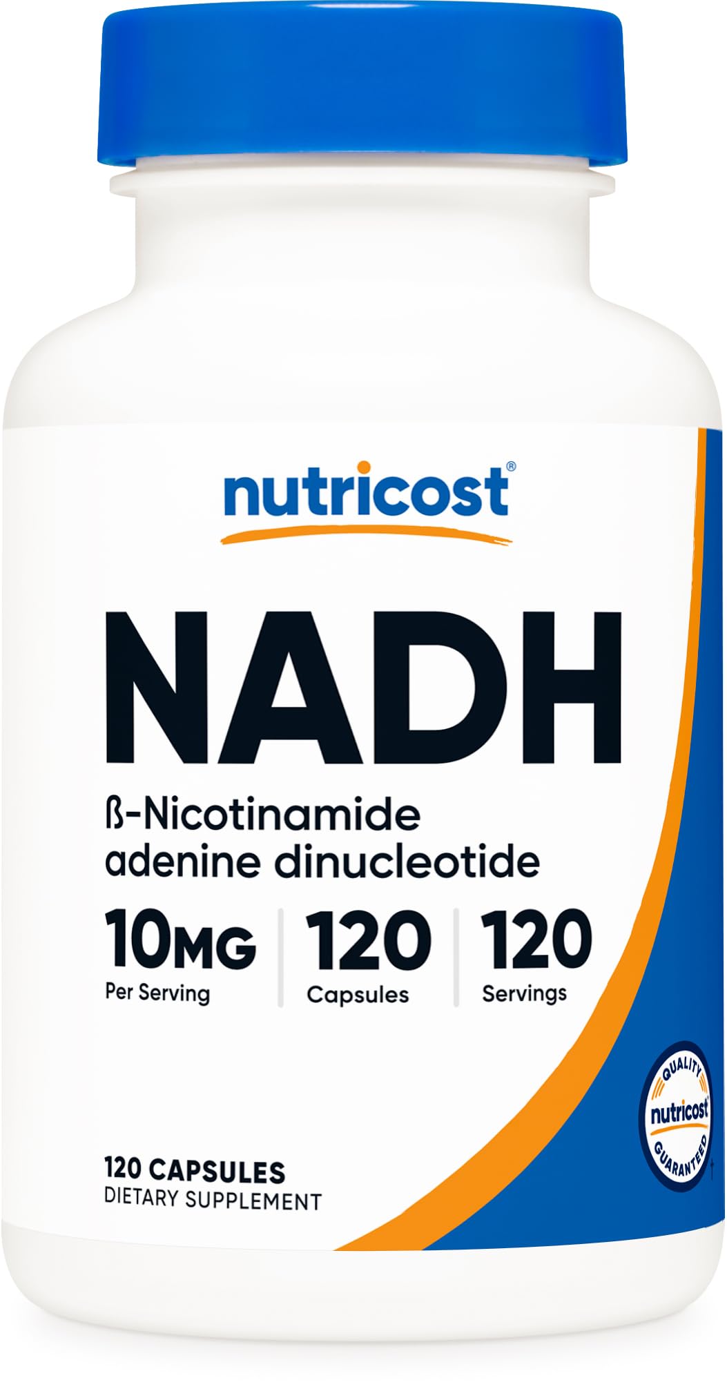Nutricost NADH 10 mg: cápsulas frente a la botella, para uso diario.