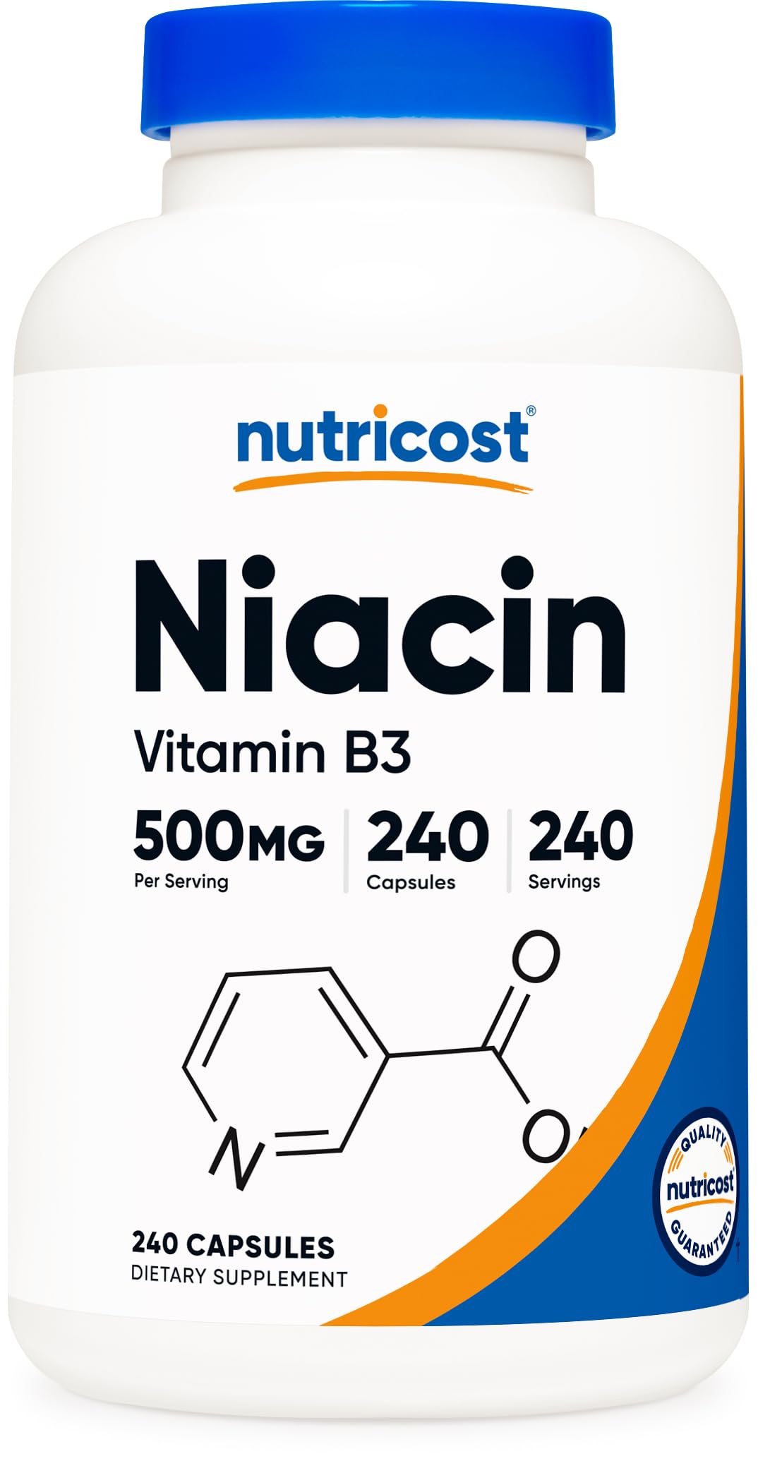 Presentación de Nutricost Niacina 500 mg en botella para uso diario
