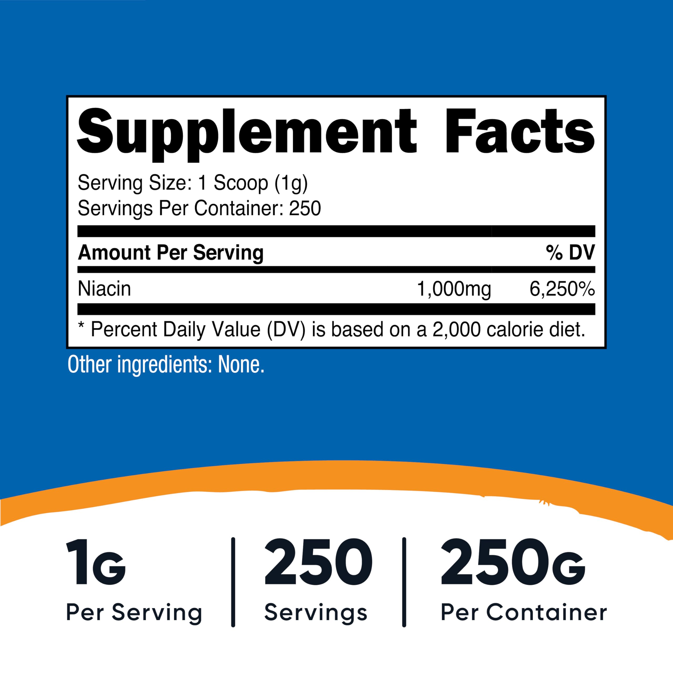 Niacina Nutricost en bote, dosis diaria recomendada para mezclar.