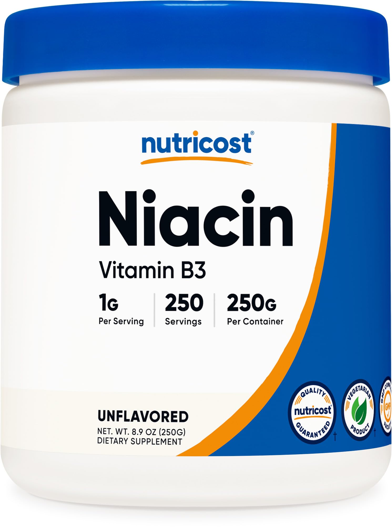 Niacina Nutricost en polvo en envase, ideal para uso diario.