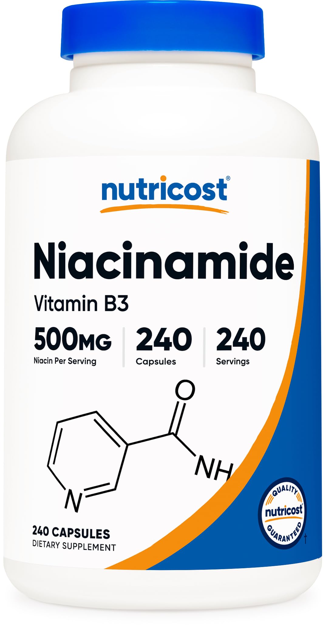 Nutricost Nicotinamida: frasco de cápsulas para uso diario sin rubor.