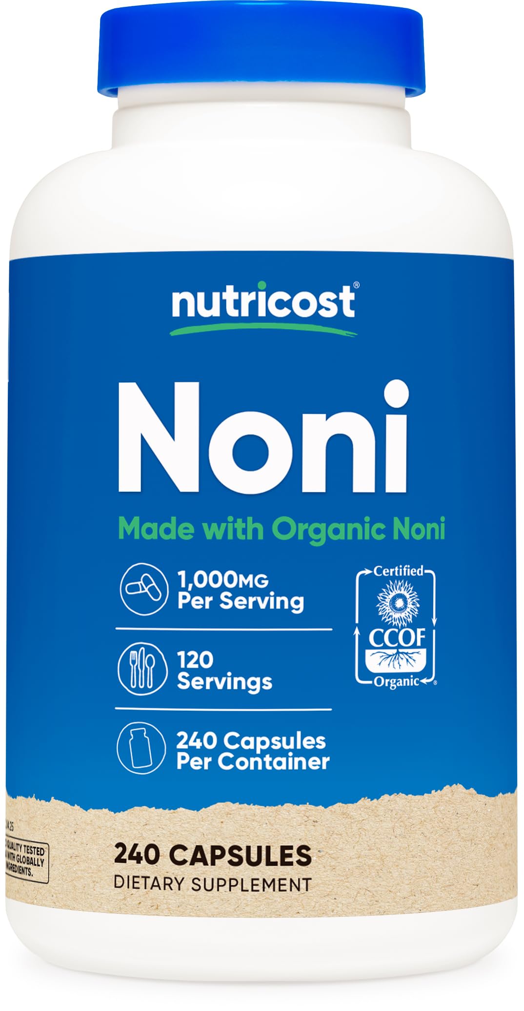 Nutricost Noni, cápsulas de 500 mg en botella para el bienestar diario