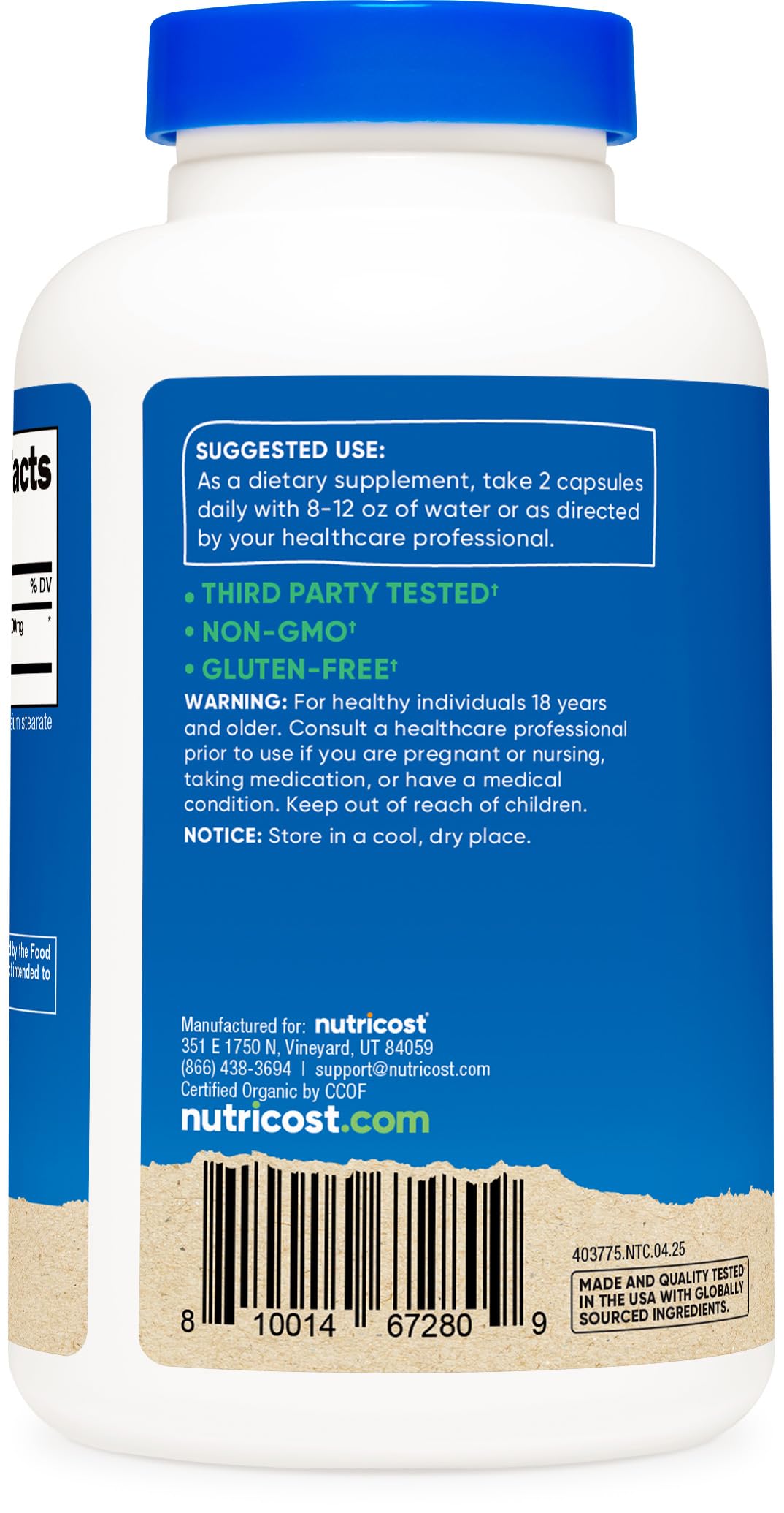 Tabla nutricional de Nutricost Noni en la etiqueta
