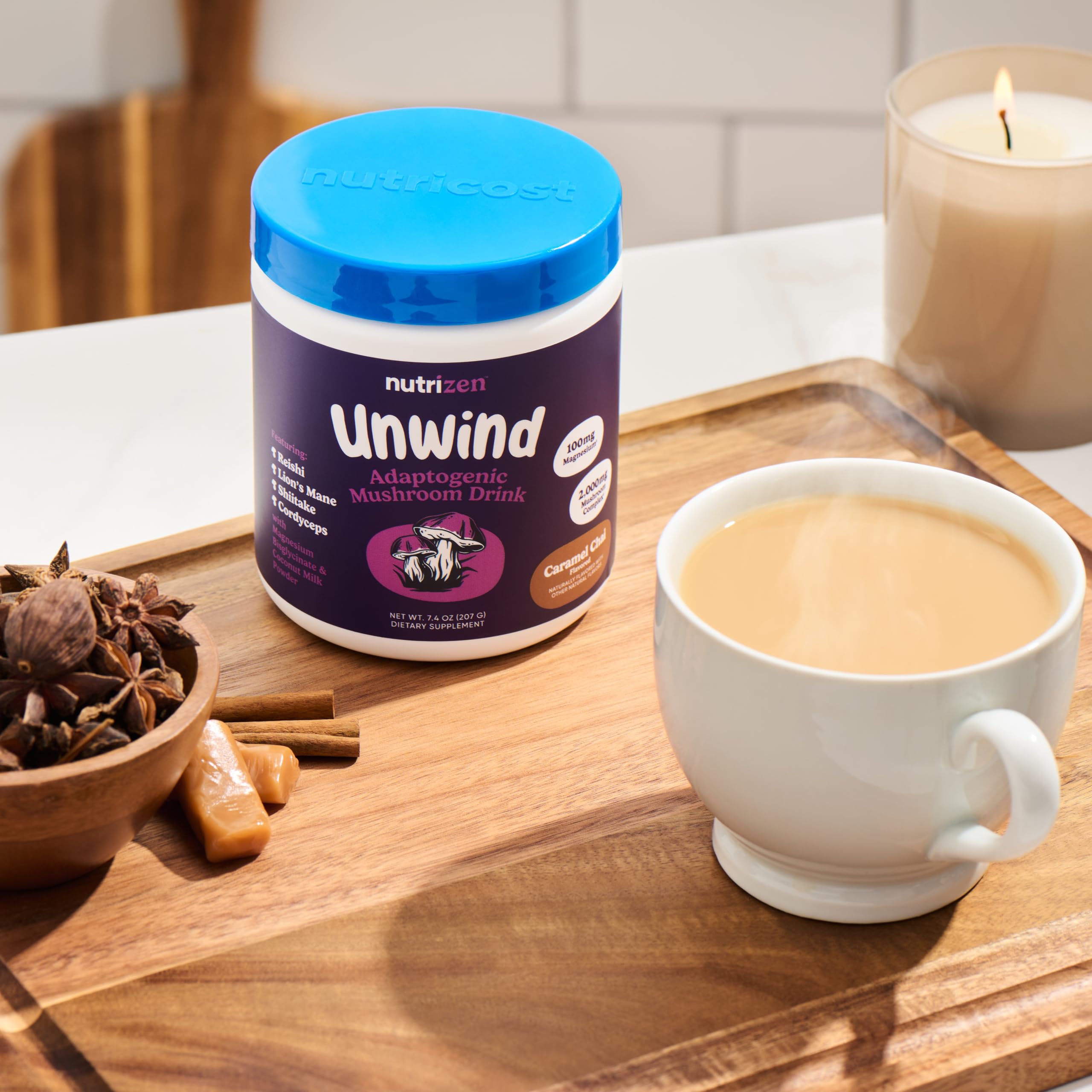 Taza caliente con sabor caramelo y chai, Nutizen PM, para una experiencia reconfortante.