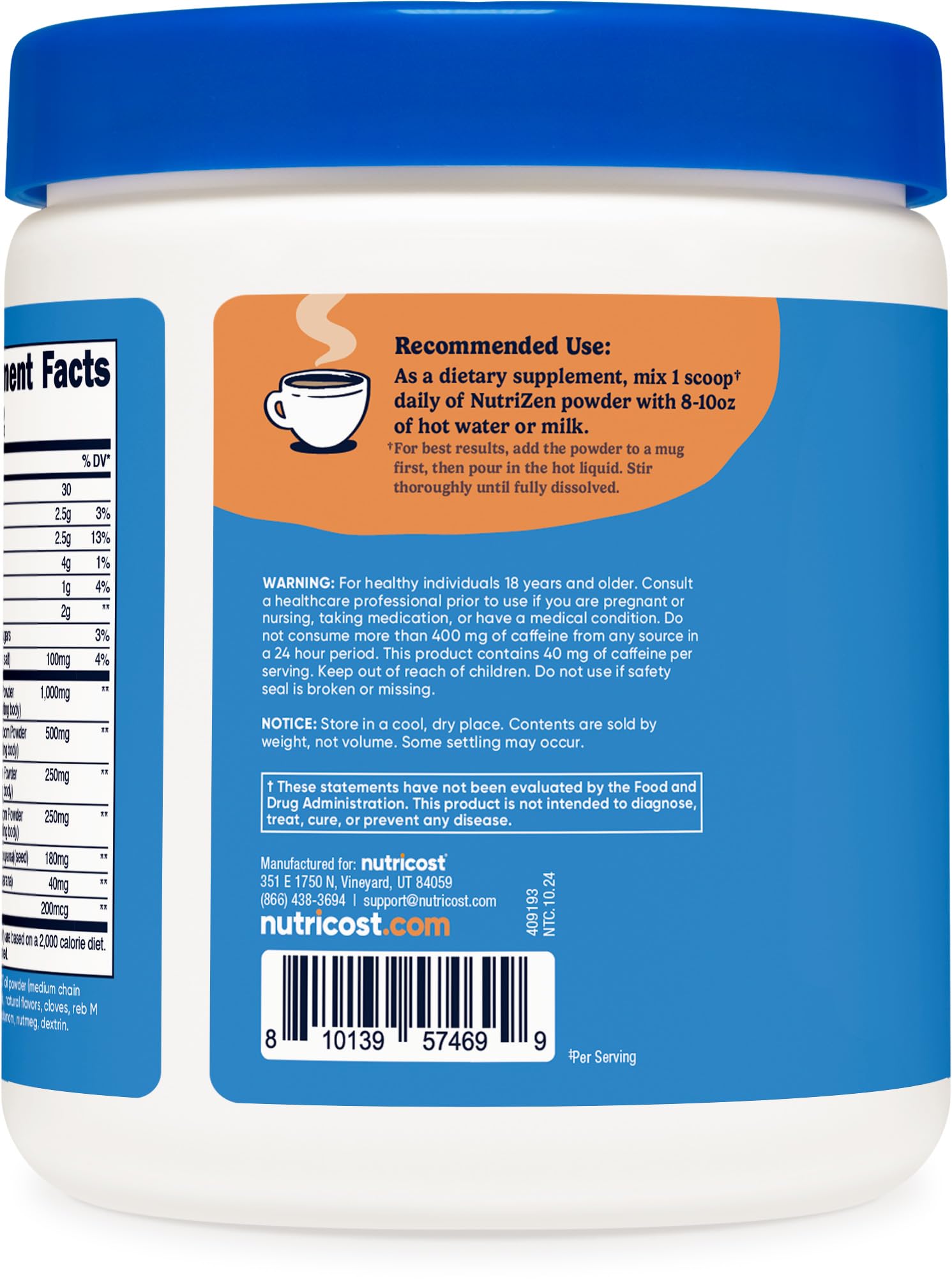 Nutricost Nutrizen AM Focus, cafeína natural de 40 mg por porción para impulso suave.