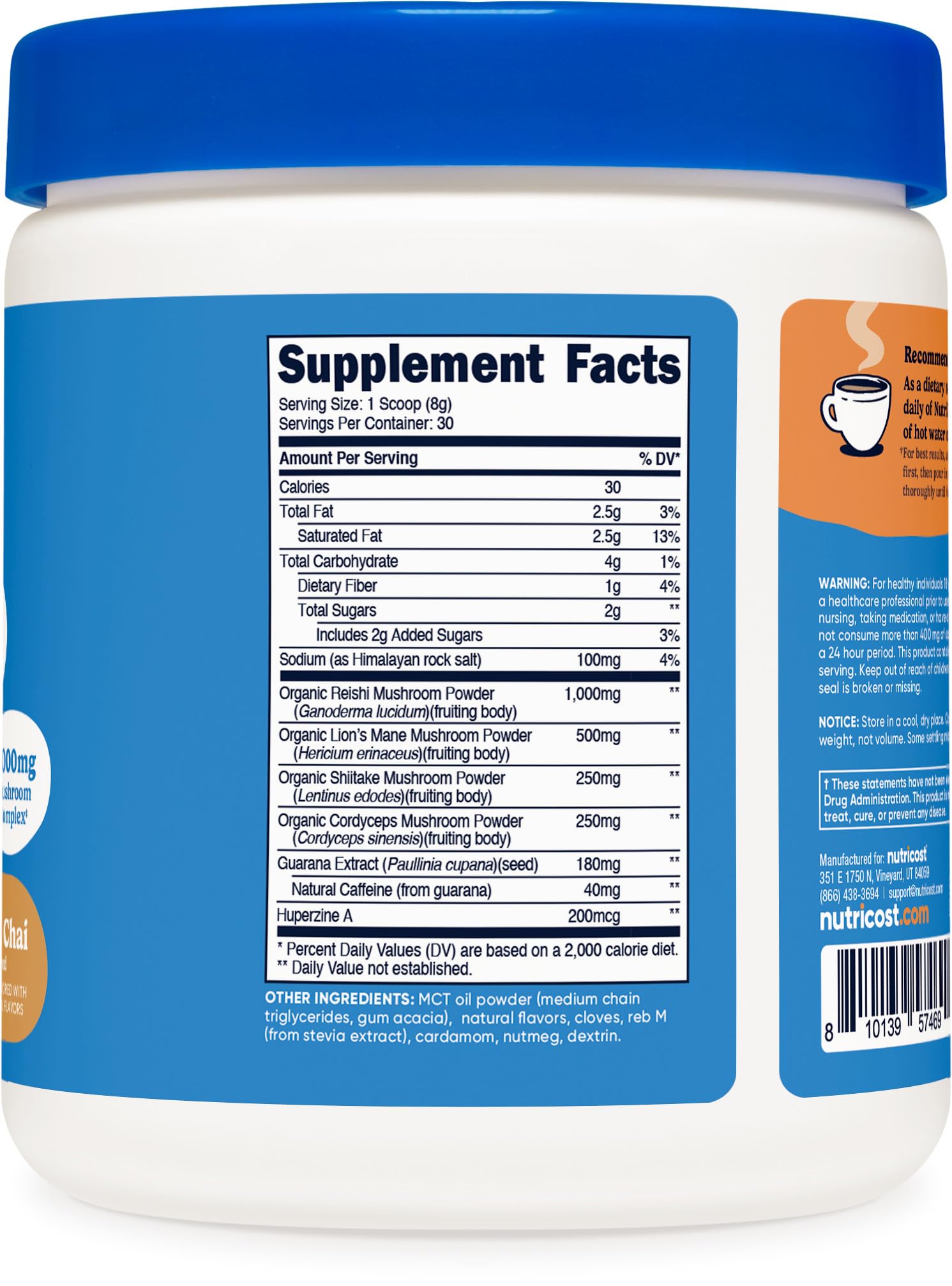 Nutricost Nutrizen AM Focus, etiqueta de vainilla chai con diseño informativo.