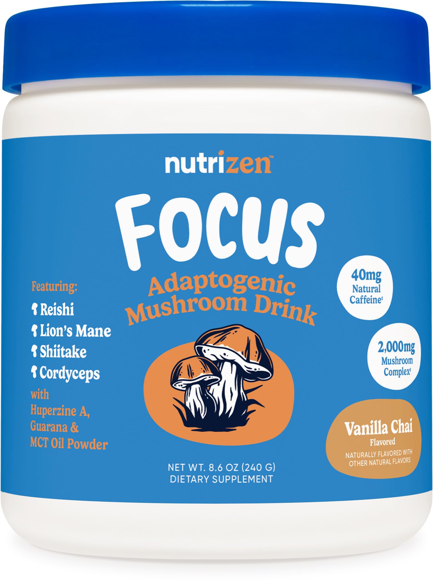 Nutricost Nutrizen AM Focus, bote de sabor vainilla chai, para energía suave por la mañana.