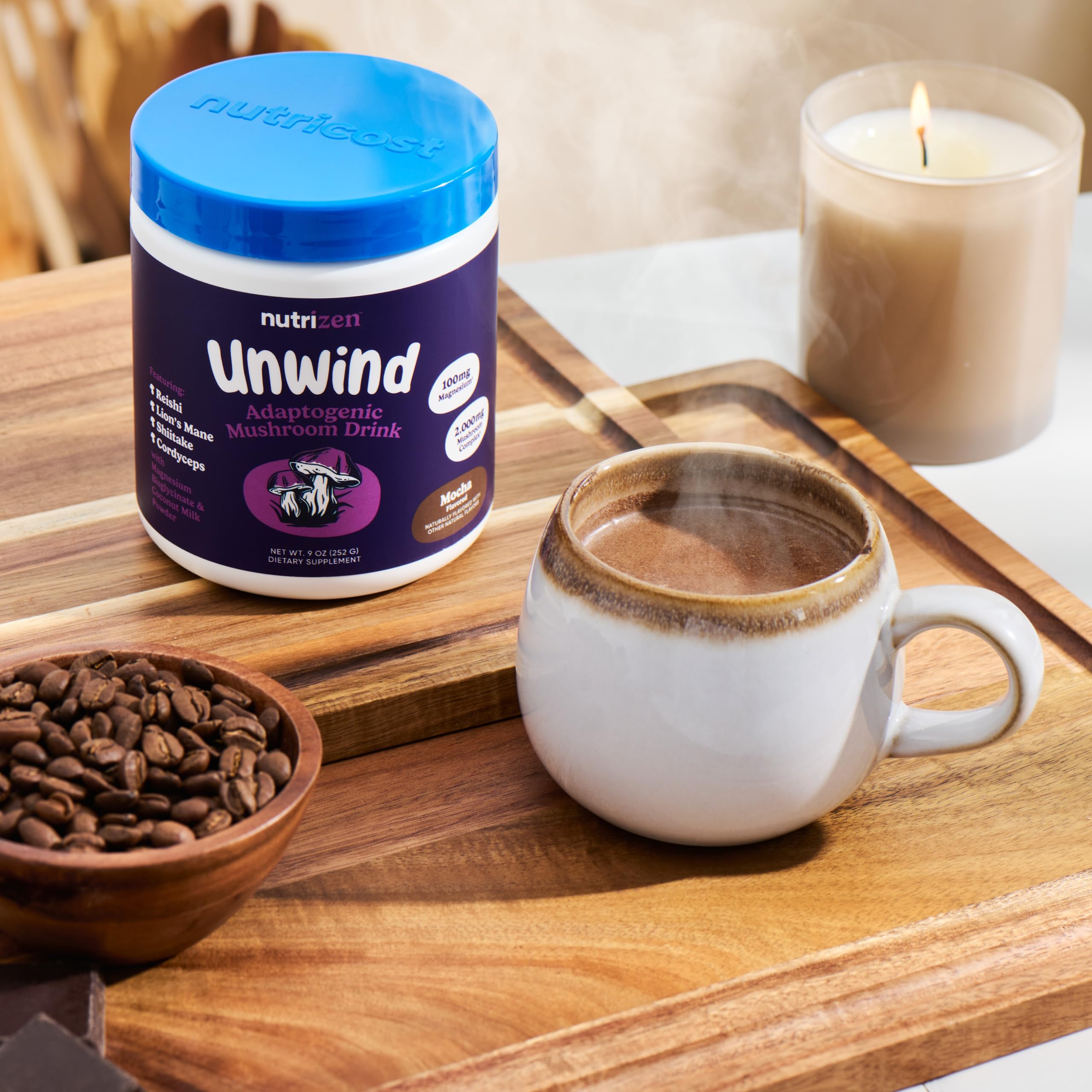 Nutricost Nutrizen PM Unwind mezcla de hongos adaptogénicos para bienestar diario.
