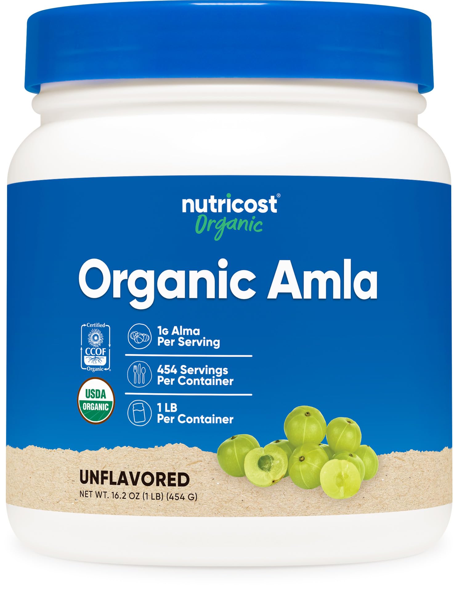 Nutricost Amla en polvo en bote, ideal para batidos diarios.
