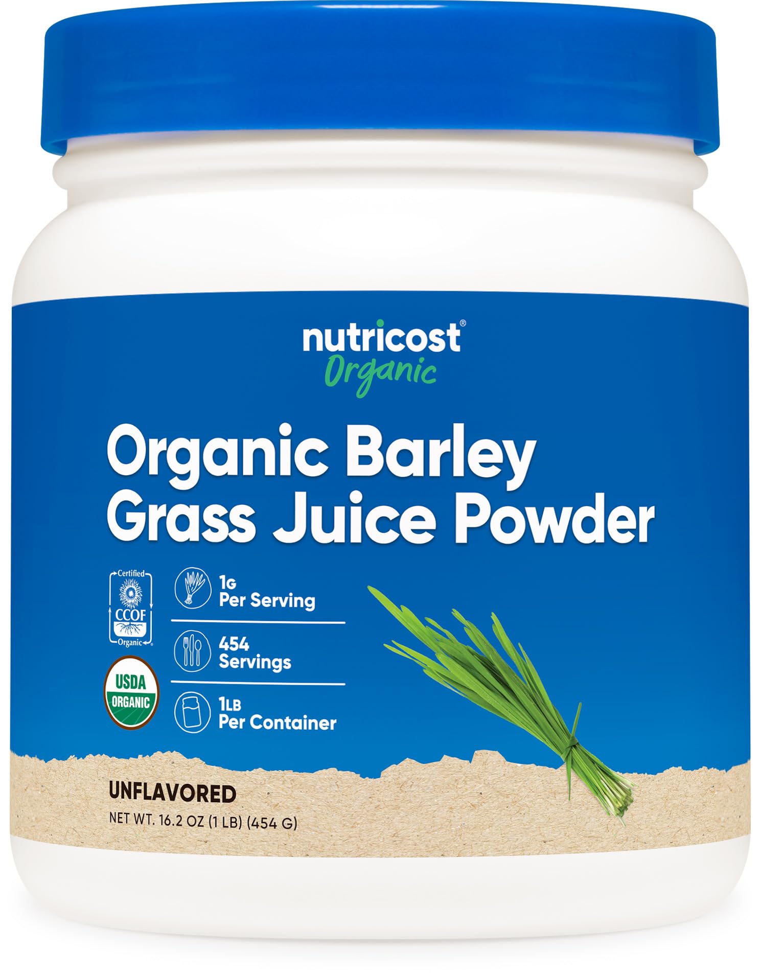 Nutricost polvo de hierba de cebada en botella para batidos nutritivos.
