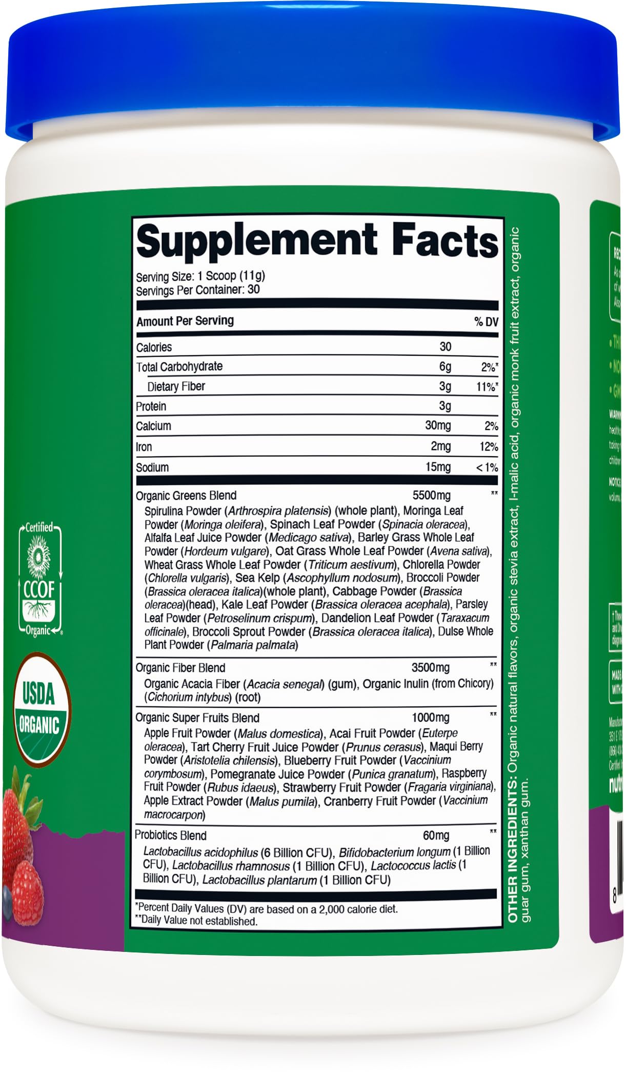 Nutricost Verdes Orgánicos Frambuesa Mixta, fibra dietética para apoyar tu ingesta diaria