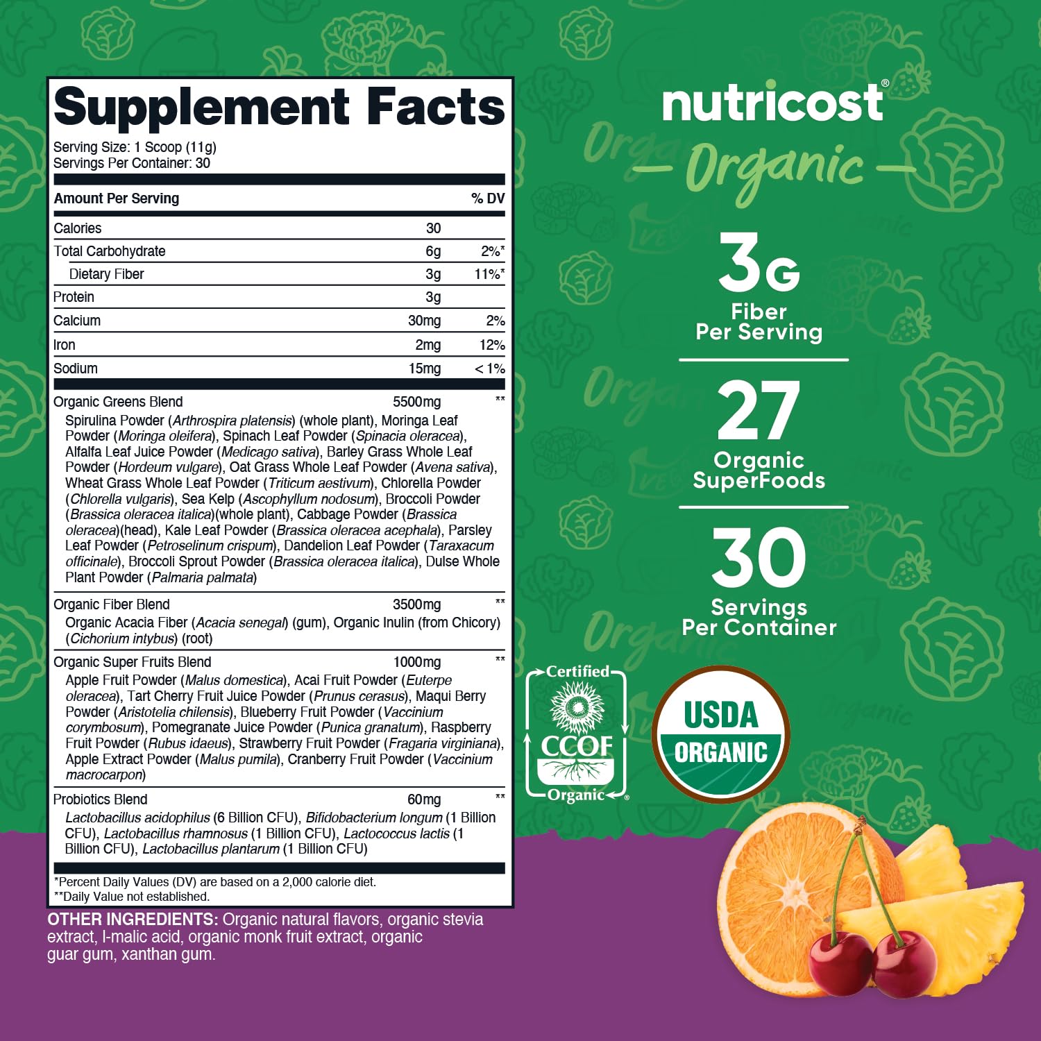 Nutricost Verdes Orgánicos Frambuesa Mixta, polvo para mezclar fácilmente