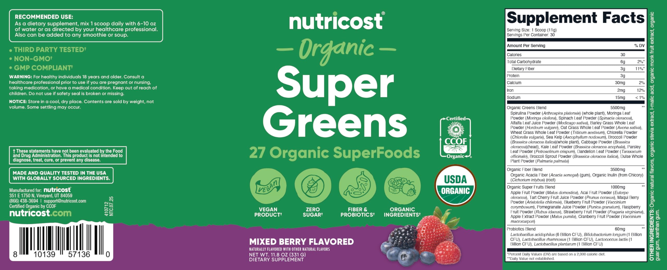 Nutricost Verdes Orgánicos Frambuesa Mixta, sabor agradable para disfrutar cada mañana