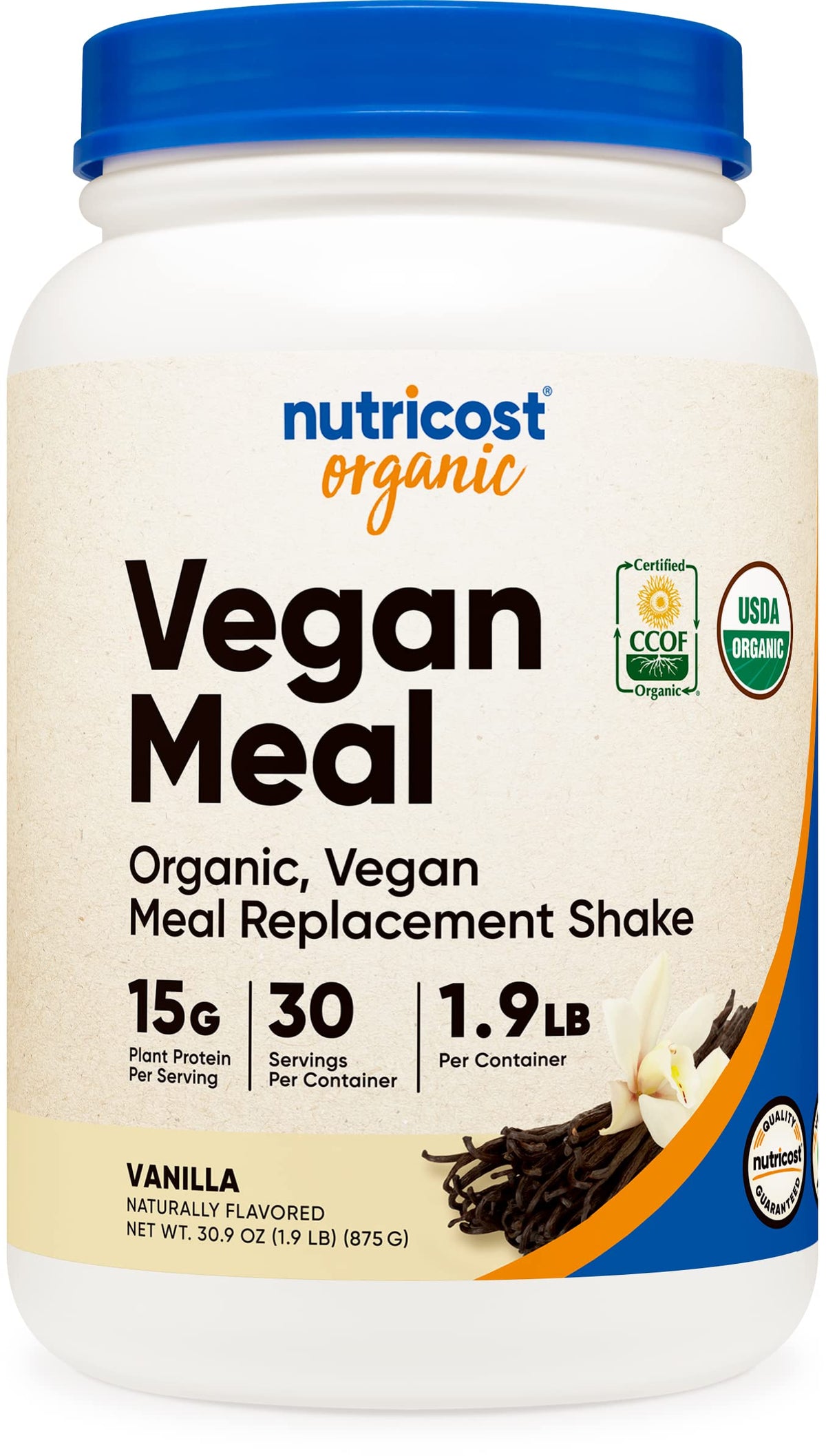 Nutricost Batido Vegano de vainilla en envase, porciones fáciles de medir.