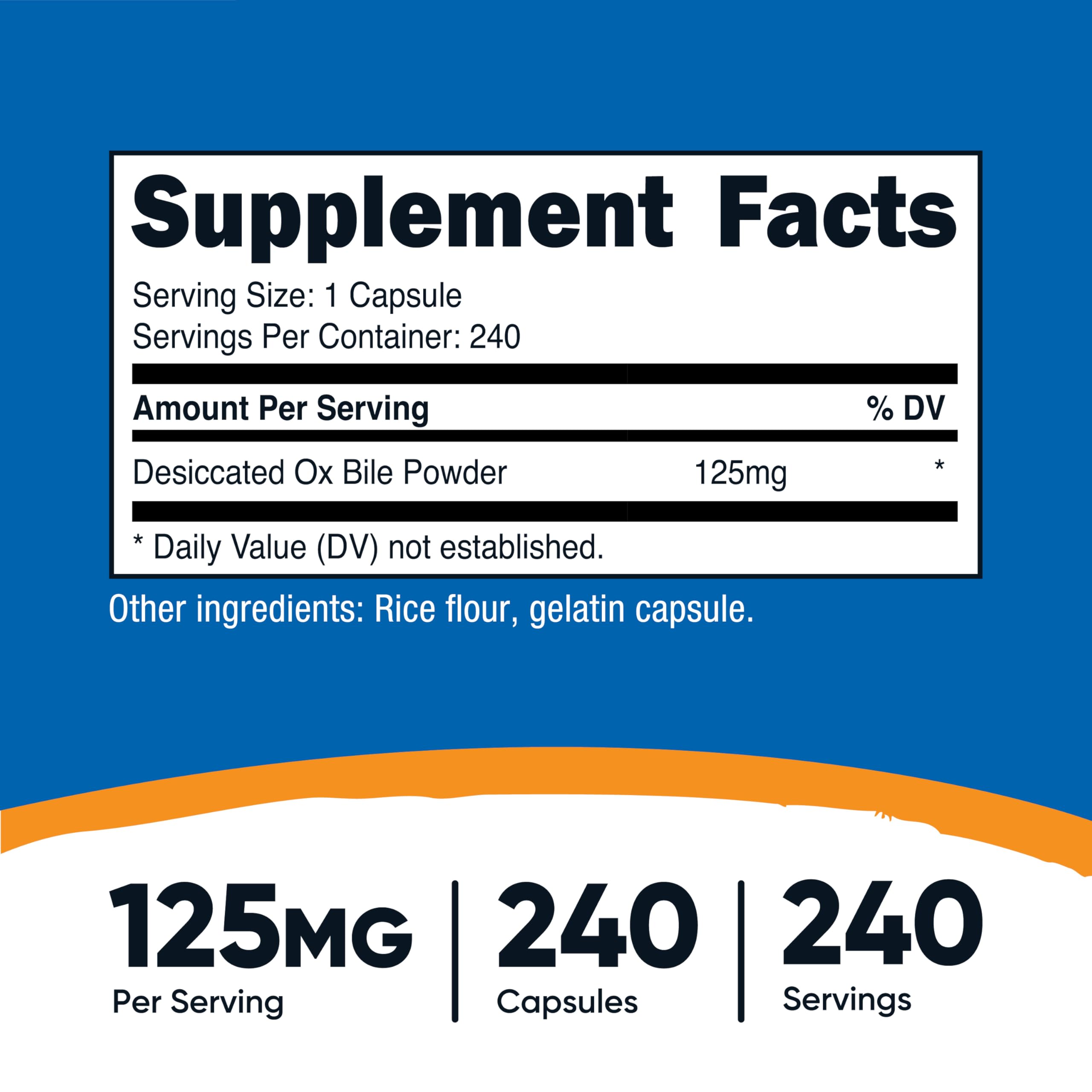 Nutricost Ox Bile: etiqueta frontal clara para identificar cápsulas de 125 mg de forma rápida.