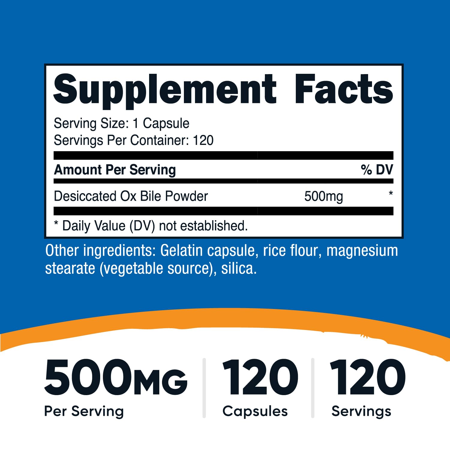 Cápsulas Nutricost Ox Bile: ingesta práctica de 500 mg.