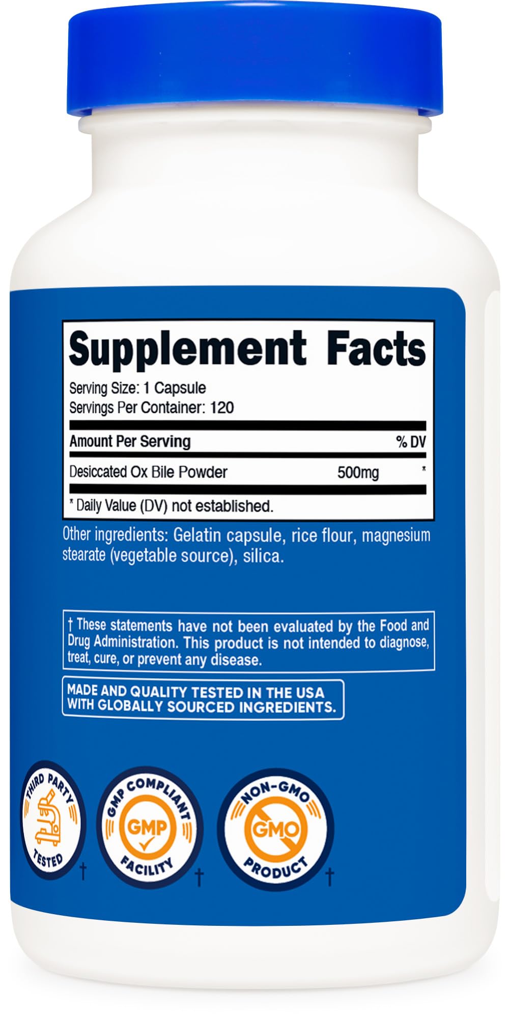 Lista de ingredientes Nutricost Ox Bile: libre de OGM y gluten.