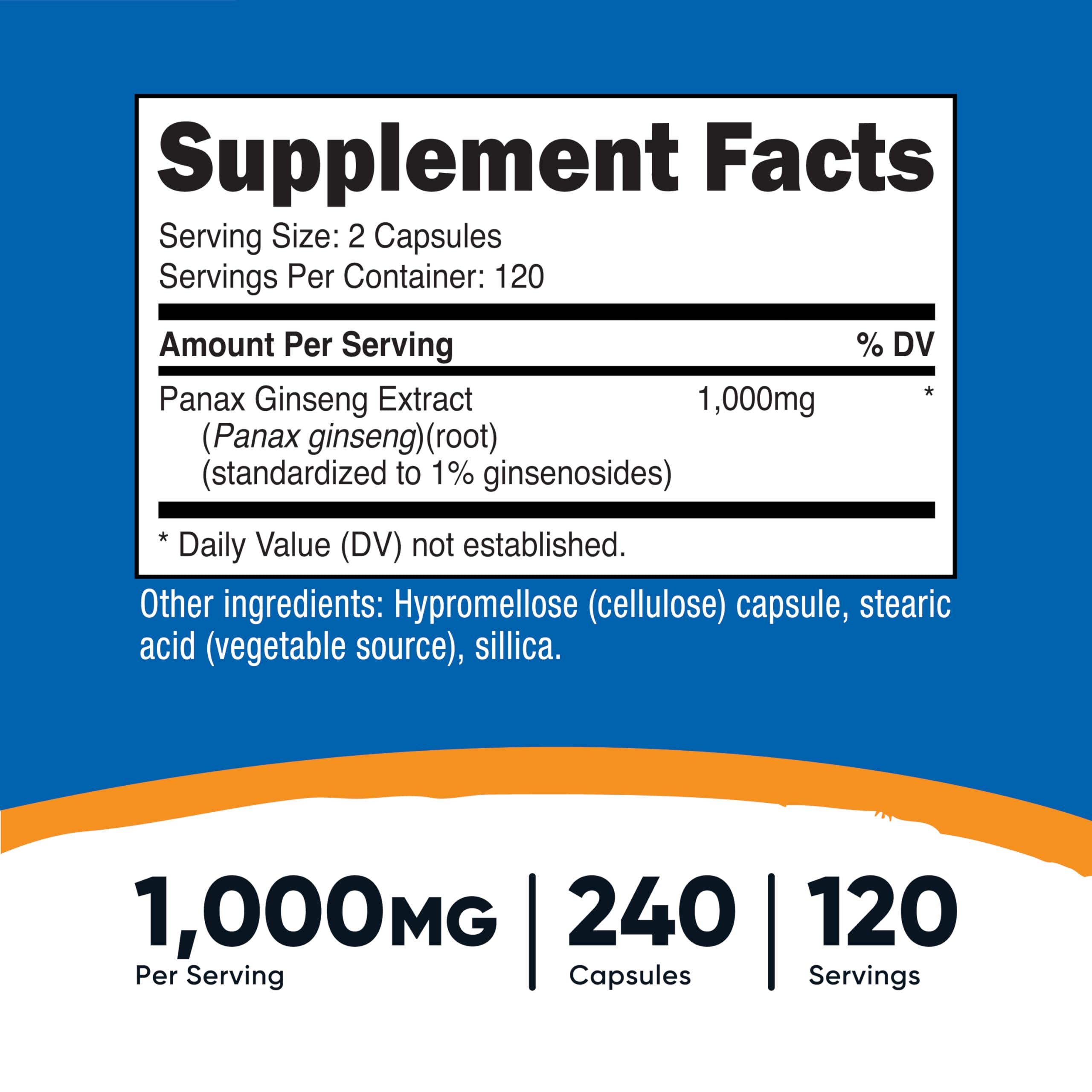 Nutricost Panax Ginseng: cápsulas y dosificación de 1000 mg por porción.