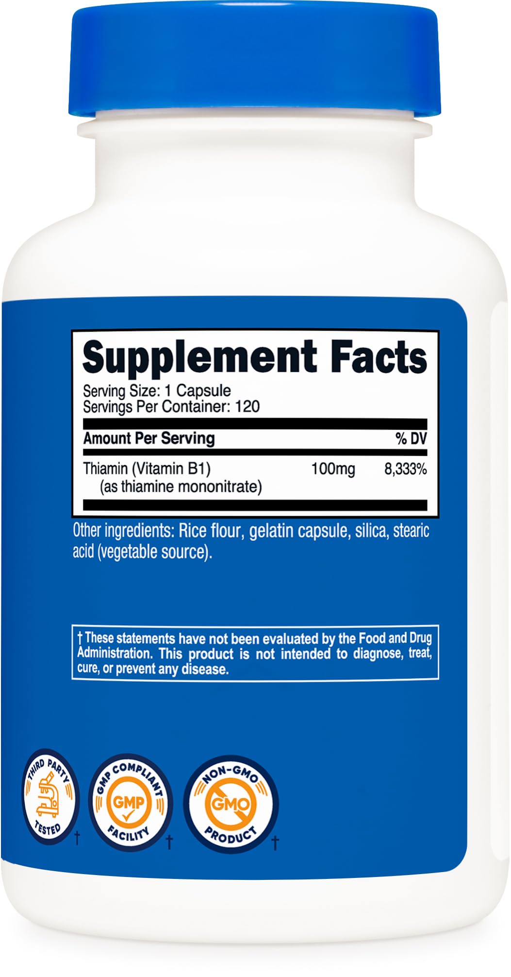 Nutricost Tiamina 100 mg, paquete sobre la mesa, fácil de ubicar para la suplementación.