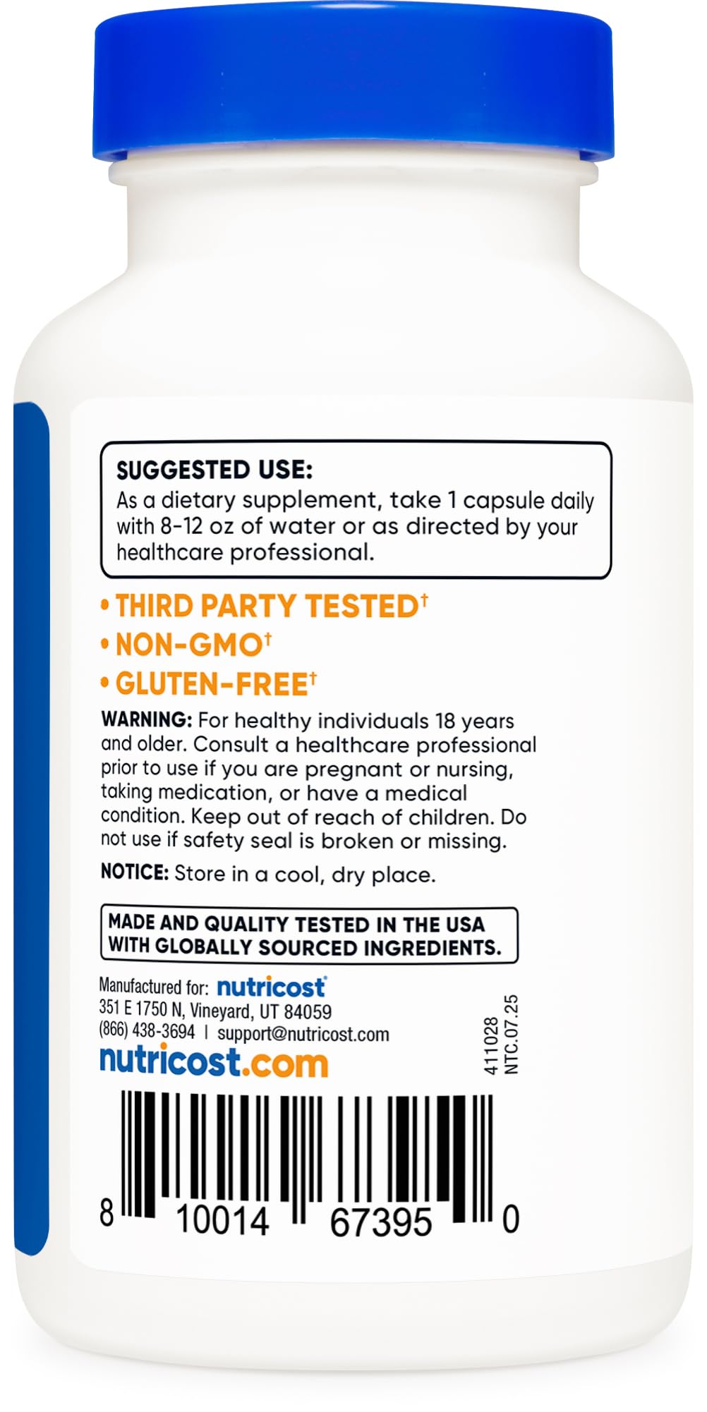 Nutricost empaque exterior muestra certificaciones ISO para mayor confianza.