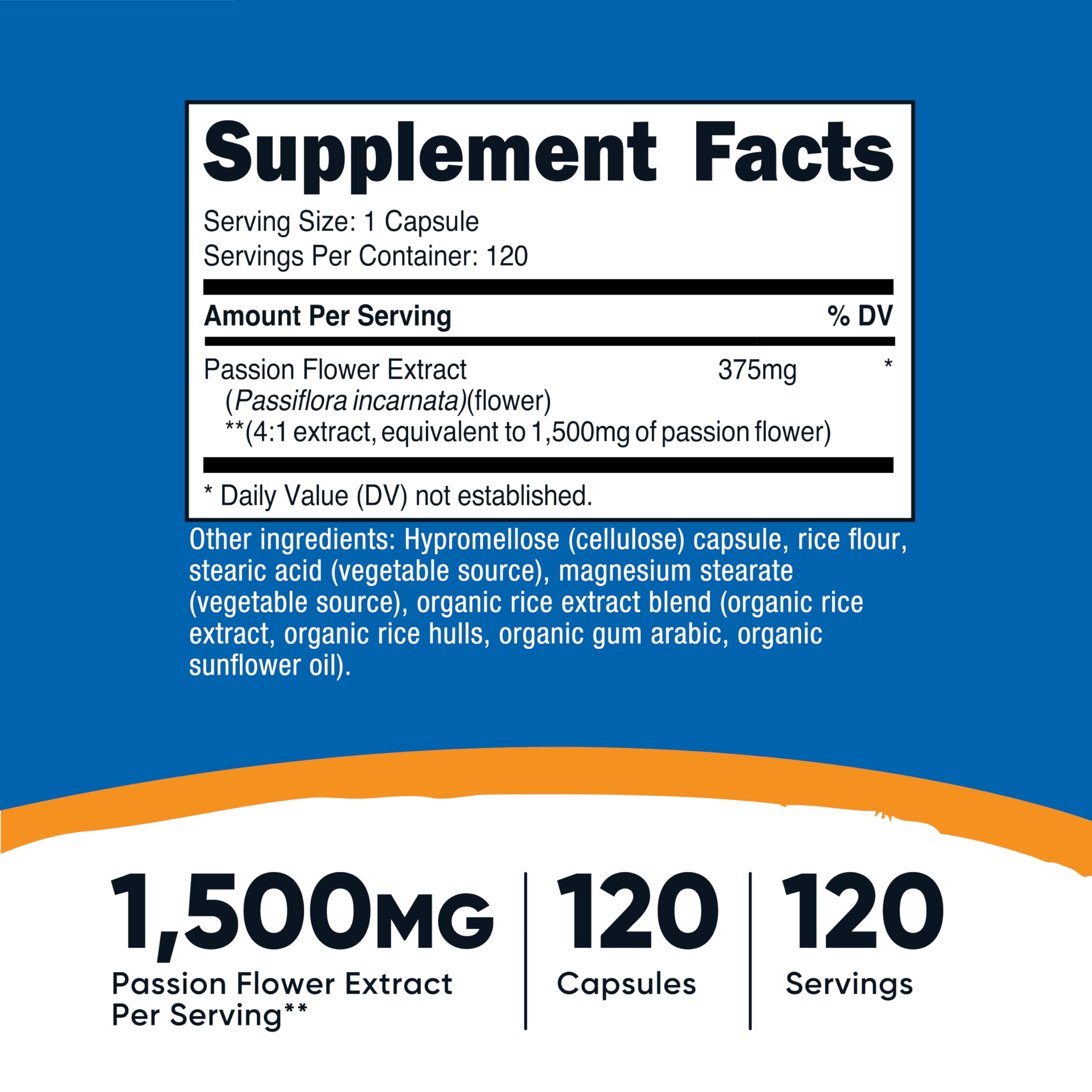 Nutricost extracto de flor de pasion cápsulas fáciles de tragar para consumo diario.