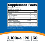 Nutricost pectina de manzana cápsulas, detalle de porción de 2.100 mg