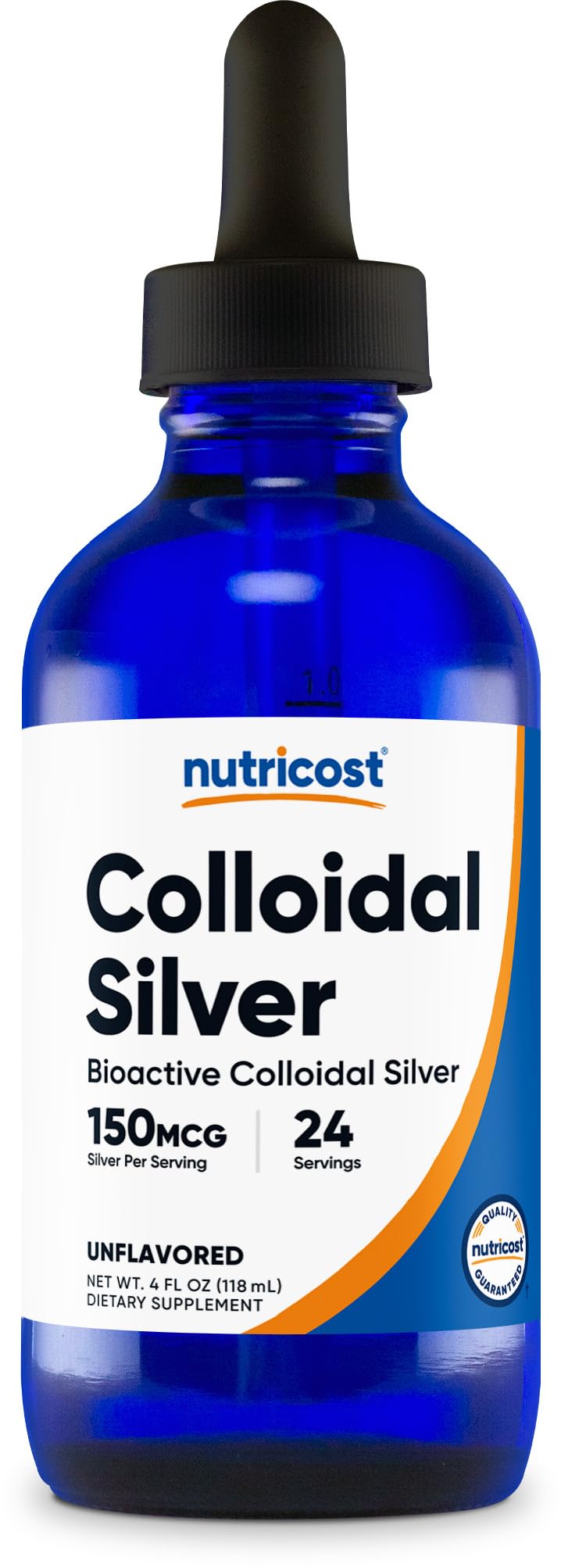 Nutricost plata coloidal, botella de vidrio azul cobalto protege la estabilidad frente a la luz ultravioleta