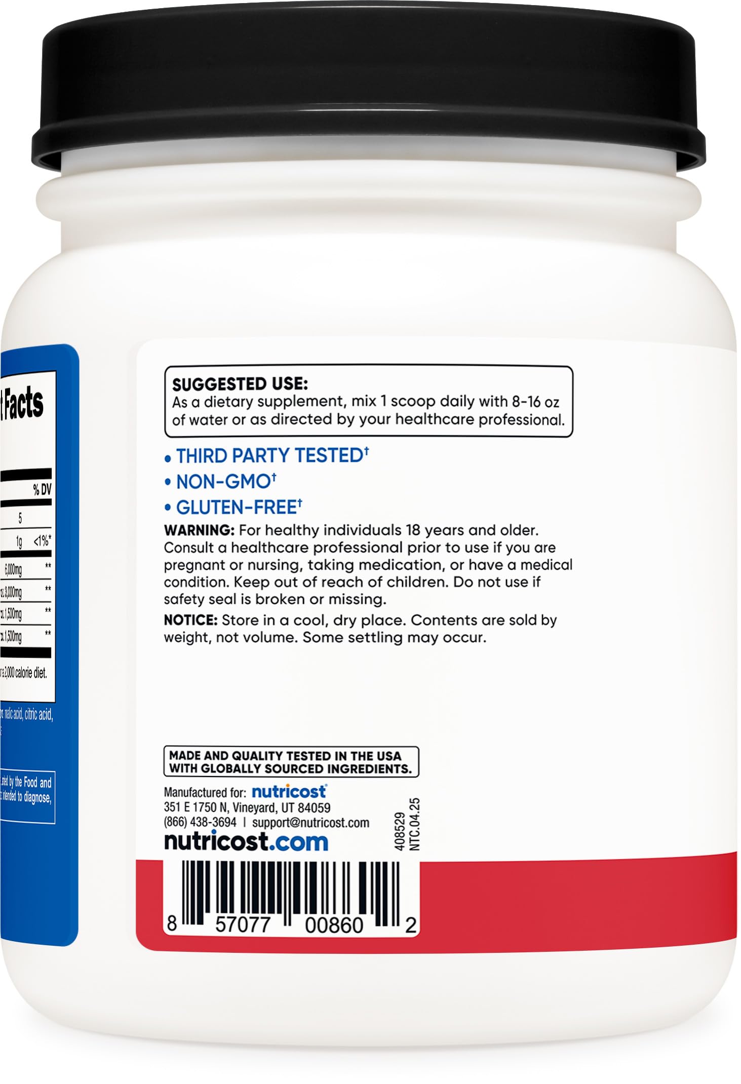 Nutricost Polvo BCAA con sabor fresa kiwi, mostrando certificaciones NSF e ISO