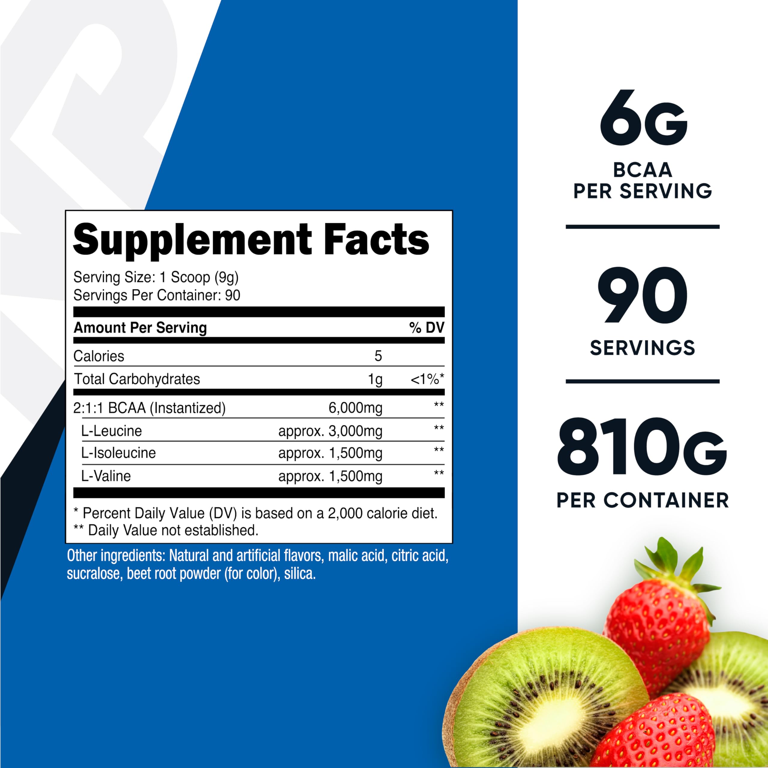 Nutricost BCAA con cucharita medidora, sabor fresa kiwi, listo para mezclar