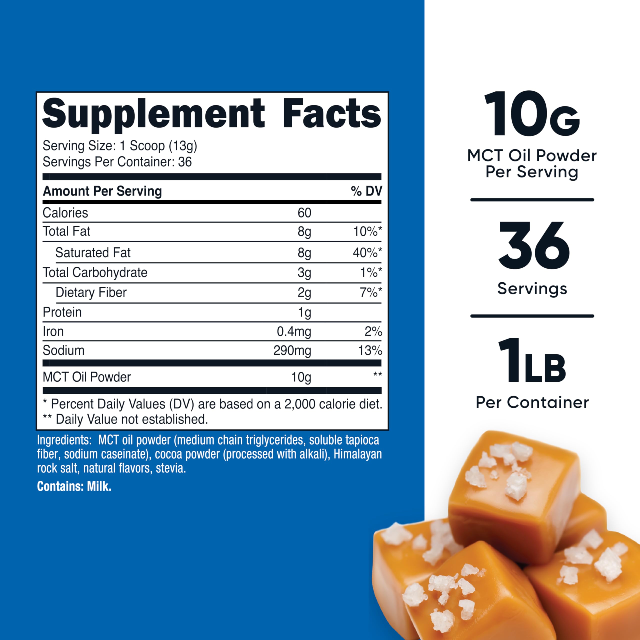 Nutricost Polvo MCT sabor caramelo salado, etiqueta clara para dosis diarias.
