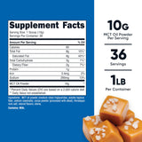 Nutricost Polvo MCT sabor caramelo salado, etiqueta clara para dosis diarias.