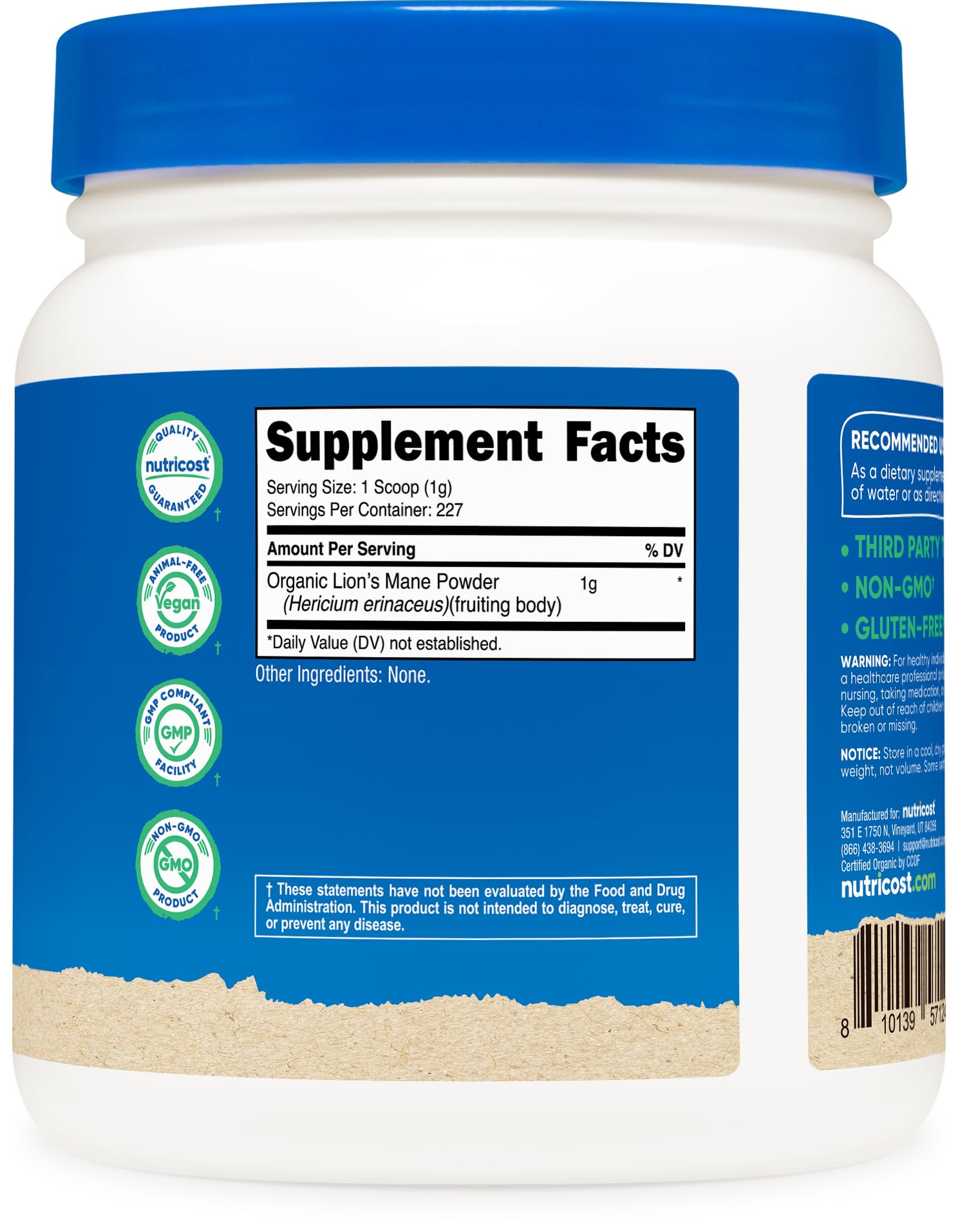 Nutricost polvo melena de león certificado USDA para calidad confiable