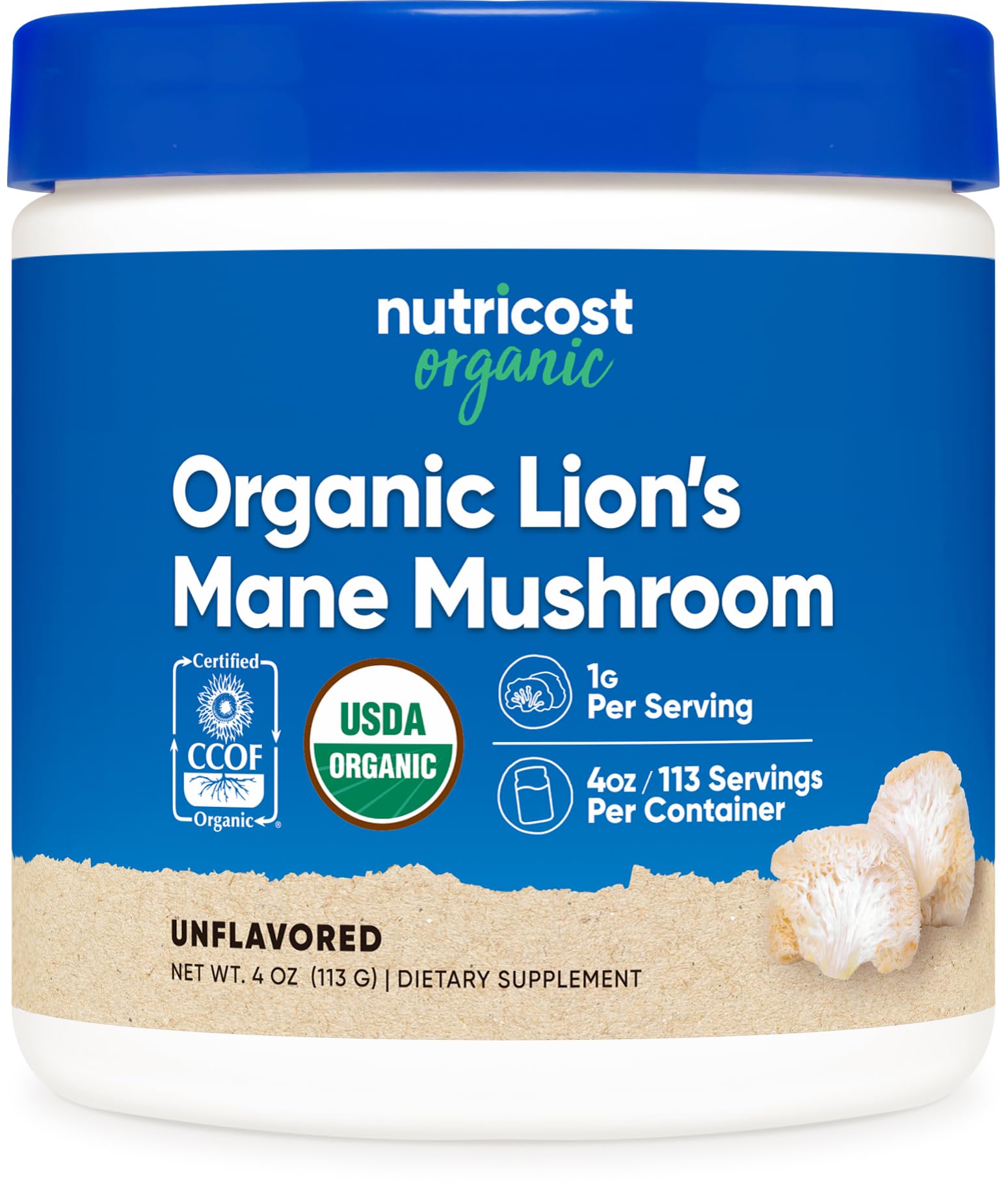 Nutricost melena de león en polvo en bote, fácil de usar y conservar.