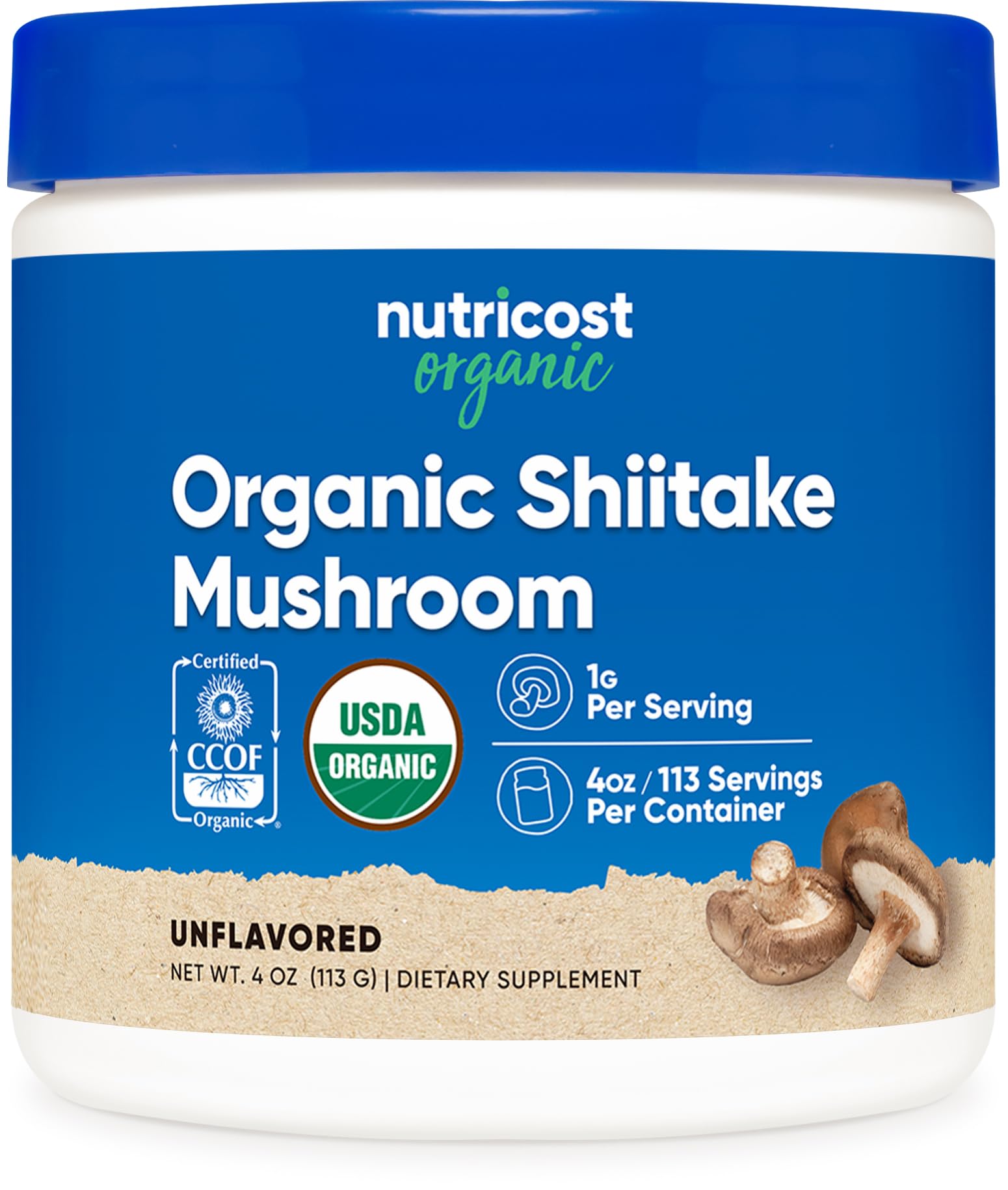 Nutricost polvo shiitake orgánico en bote de 4 oz para uso diario.