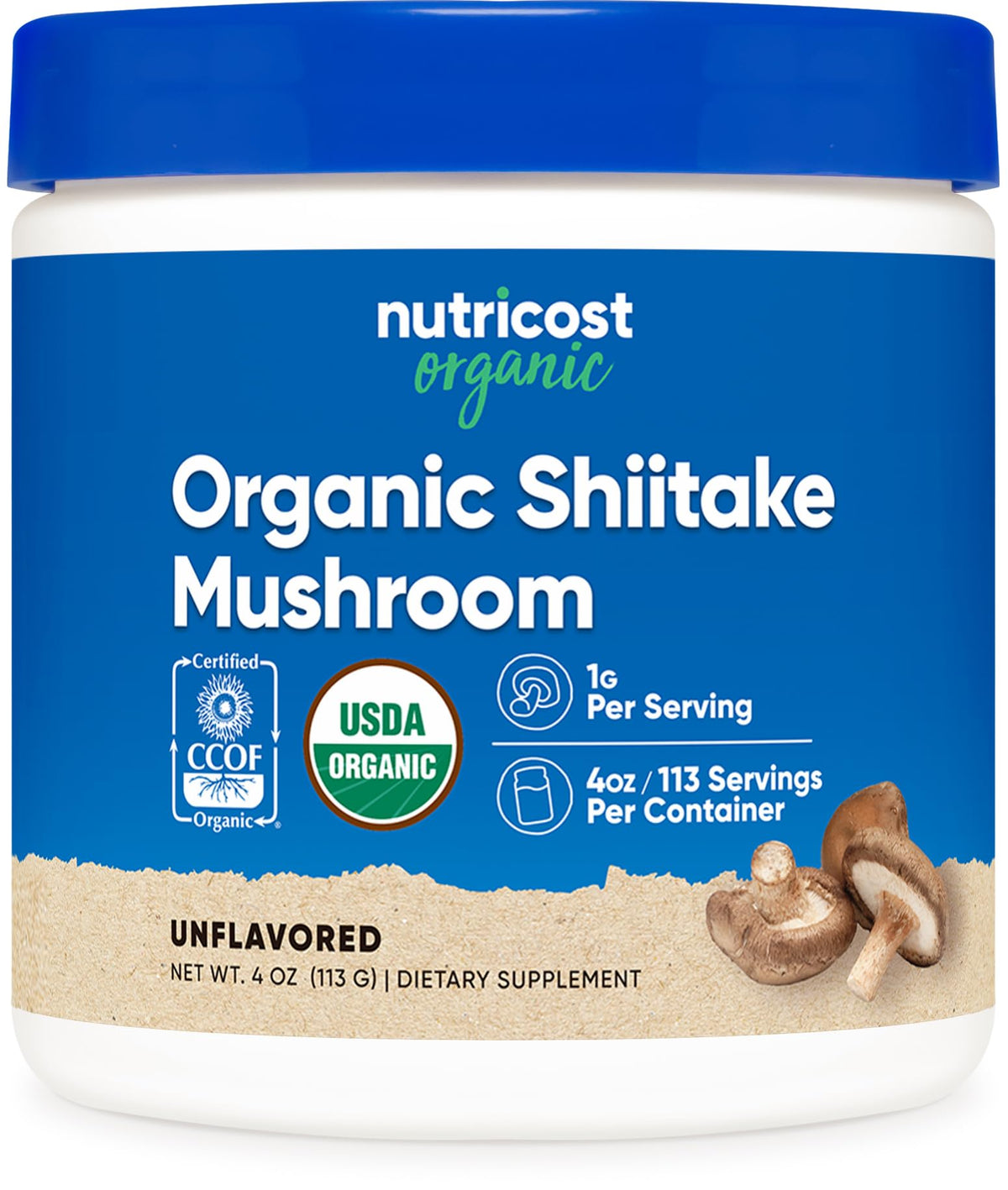 Nutricost polvo shiitake orgánico en bote de 4 oz para uso diario.
