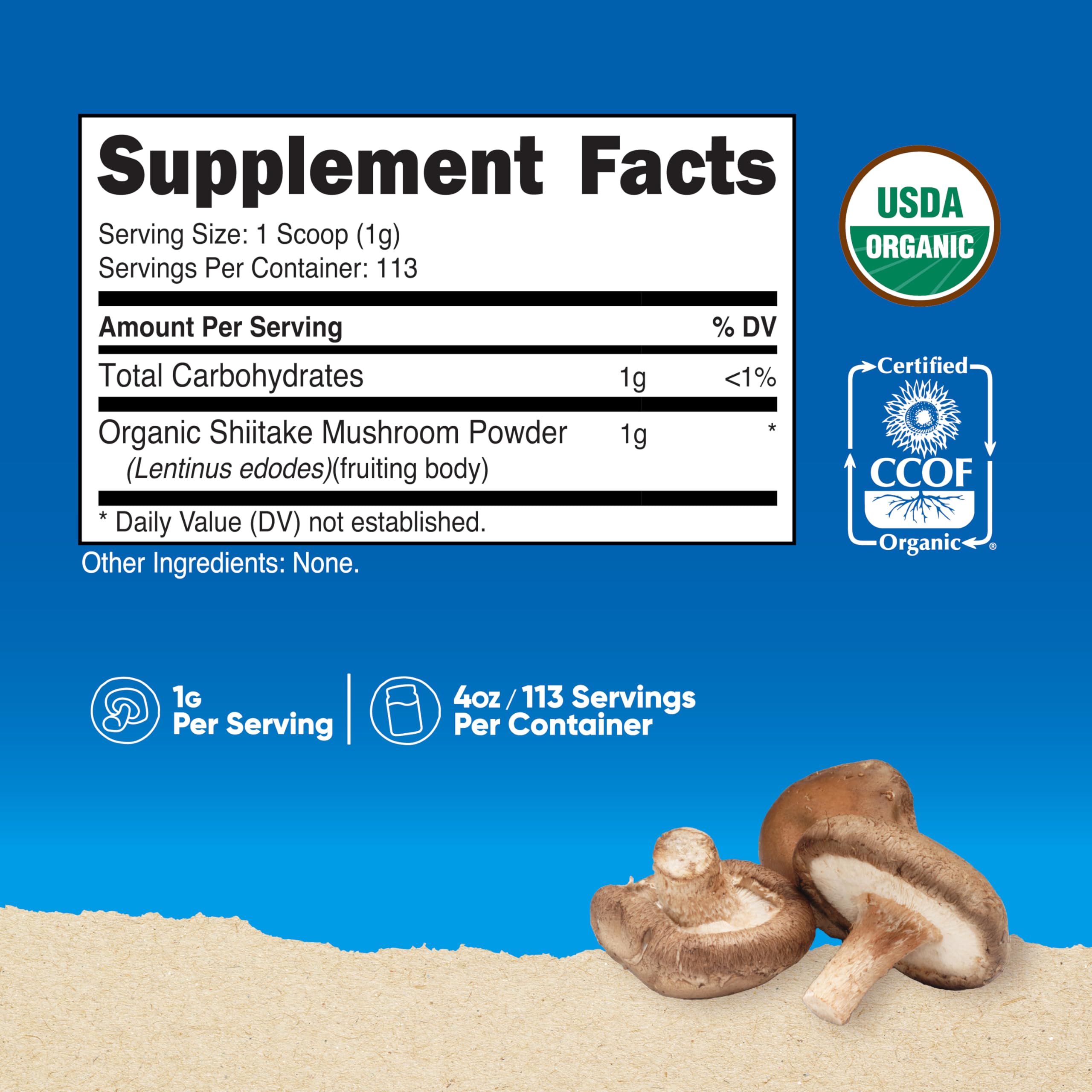 Polvo shiitake orgánico Nutricost con cuchara medidora incluida para dosis fáciles.