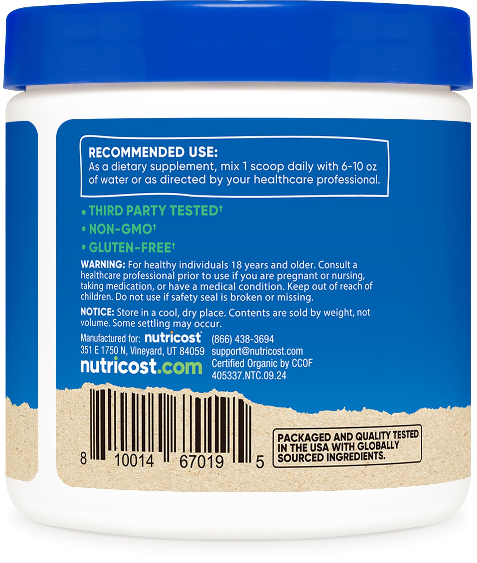 Etiqueta USDA certificada Nutricost shiitake orgánico para garantía de calidad.