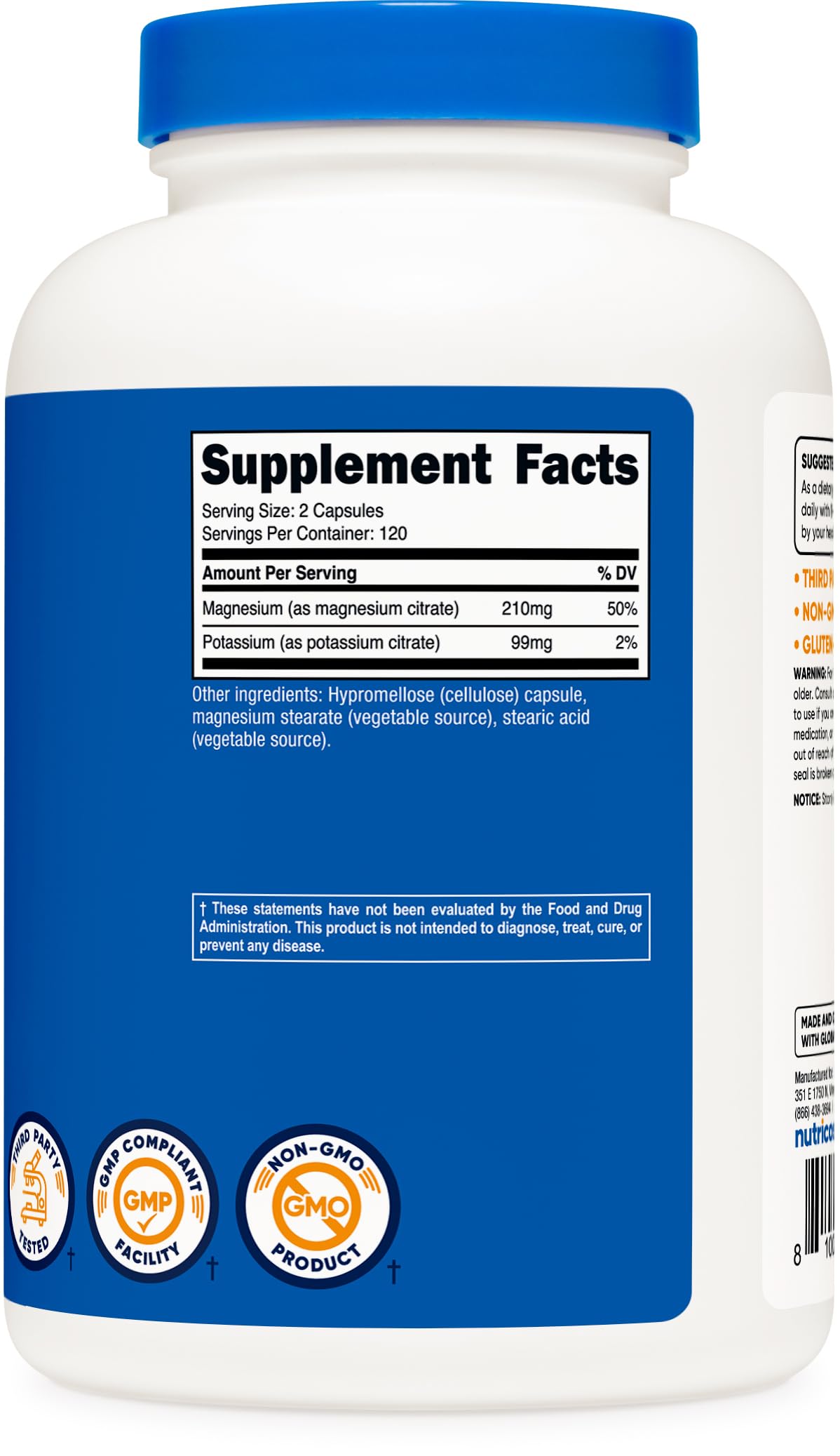 Nutricost Potasio-Magnesio-Citratos libre de OGM, gluten y soja.