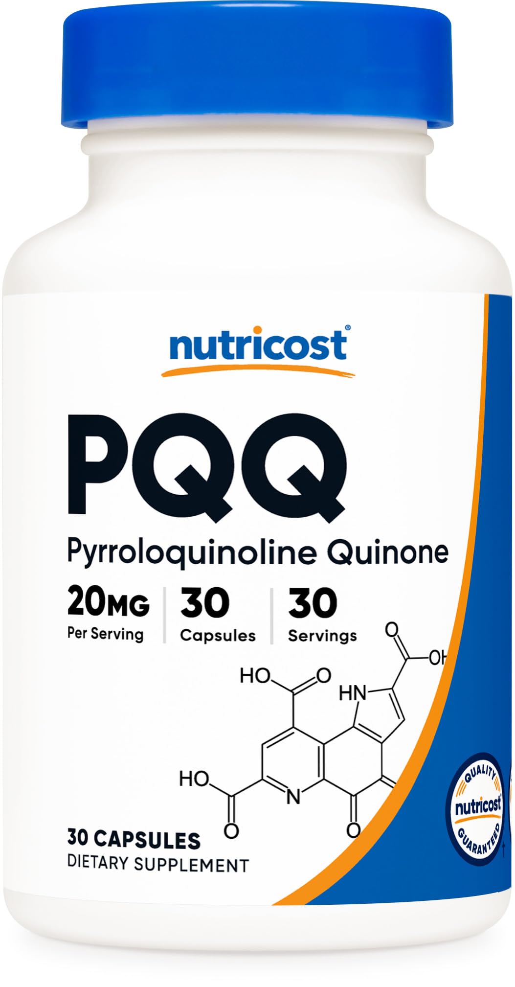 Nutricost PQQ botella-frente, identificación rápida para uso diario.