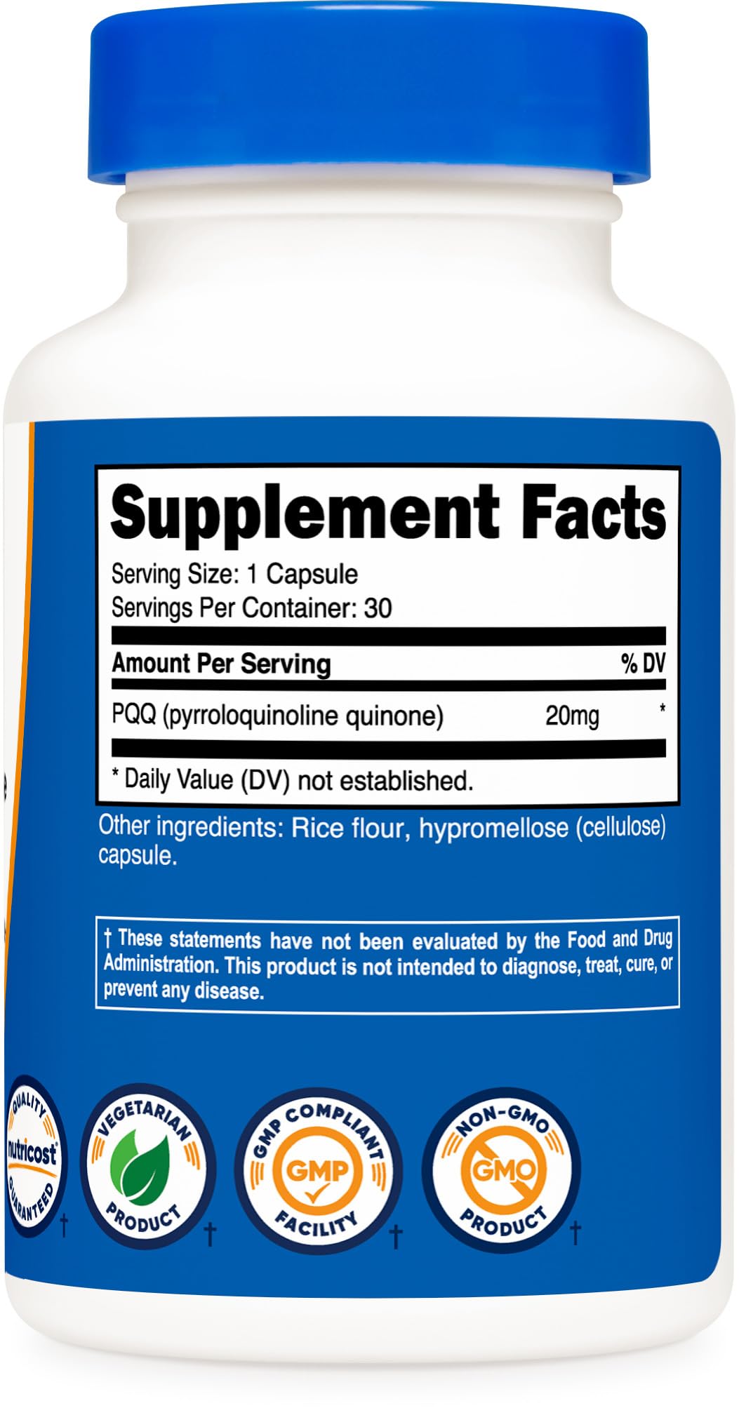 Nutricost PQQ caja-contenido, envase claro para dosis diaria.