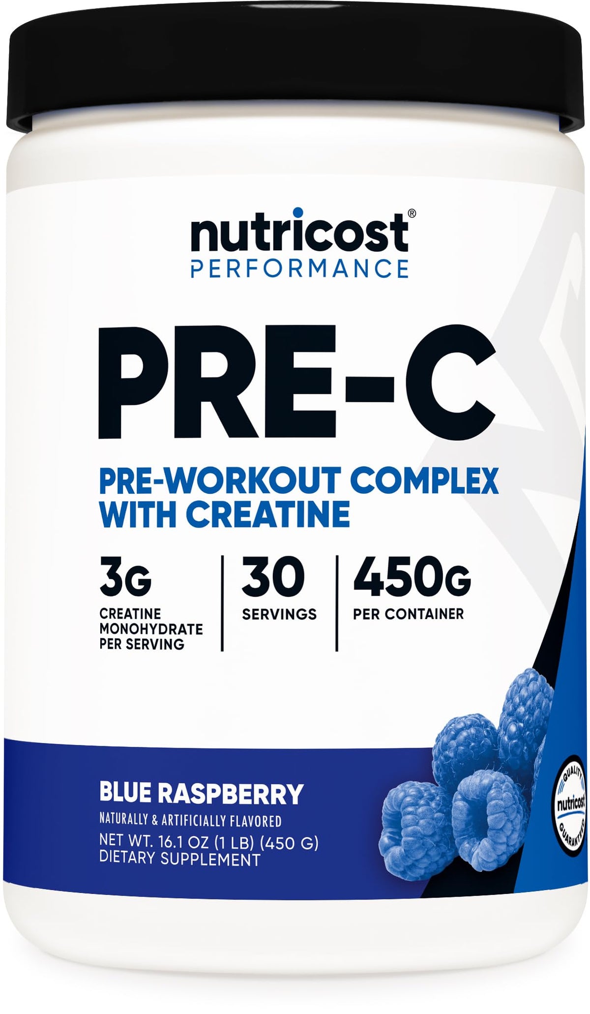 Nutricost Pre-C pote con creatina, sabor frambuesa azul, preparado para entrenamientos intensos.