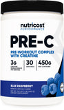 Nutricost Pre-C pote con creatina, sabor frambuesa azul, preparado para entrenamientos intensos.
