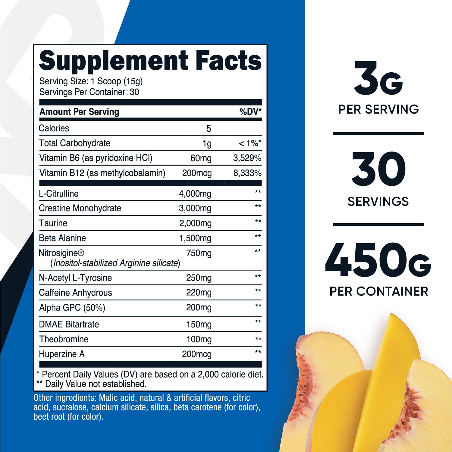 Nutricost Pre-entrenamiento durazno-mango cuchara mostrando la dosis.