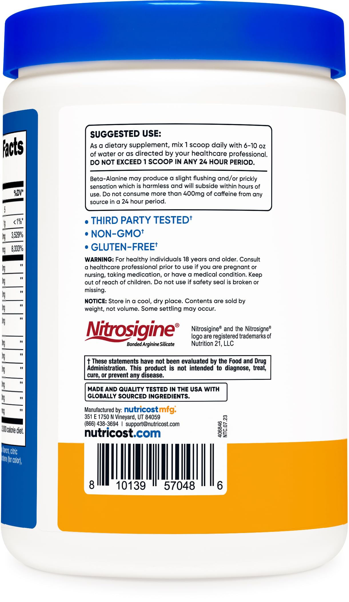 Nutricost Pre-entrenamiento durazno-mango etiqueta que indica calidad.