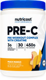 Nutricost Pre-entrenamiento durazno-mango en lata para energía sostenida.