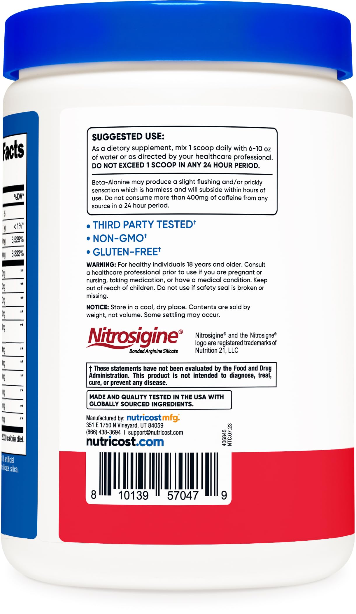 Nutricost Pre-Entrenamiento con Creatina, etiqueta clara con información de uso seguro.
