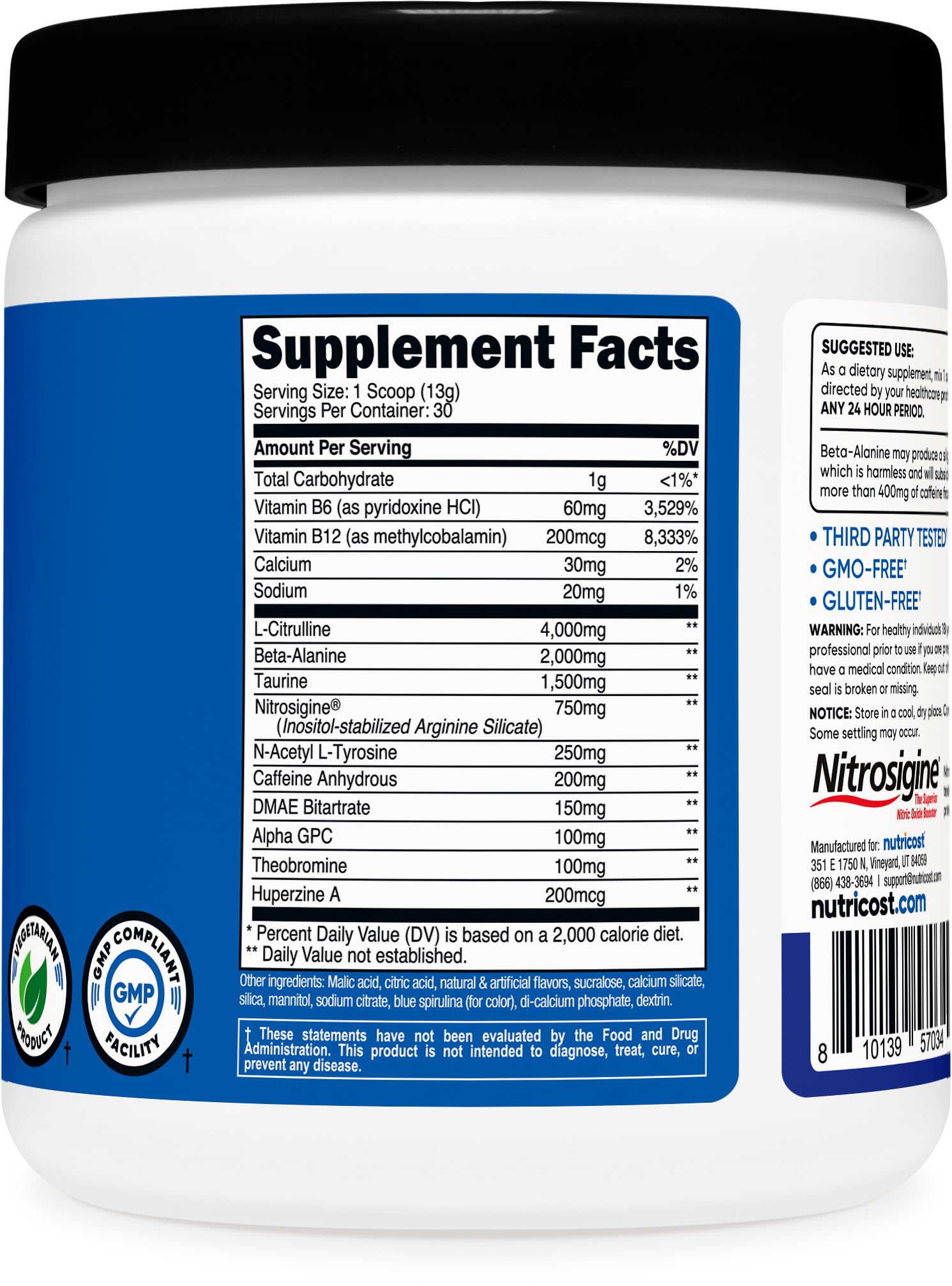 Nutricost Pre-Entrenamiento, envase y etiqueta, garantía de calidad y trazabilidad.