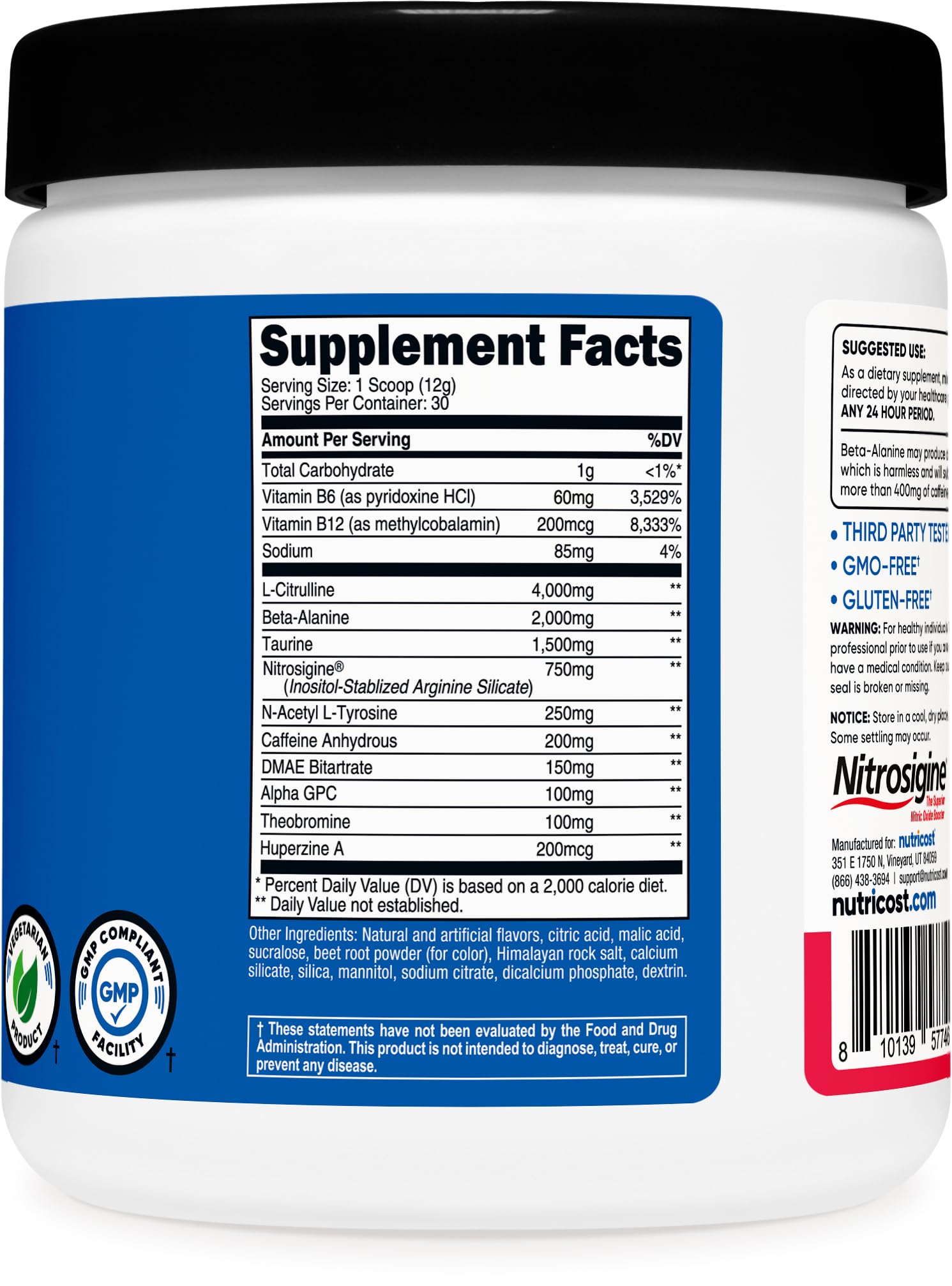 Nutricost Pre-Entrenamiento etiqueta detallada sobre sabor y ingredientes.