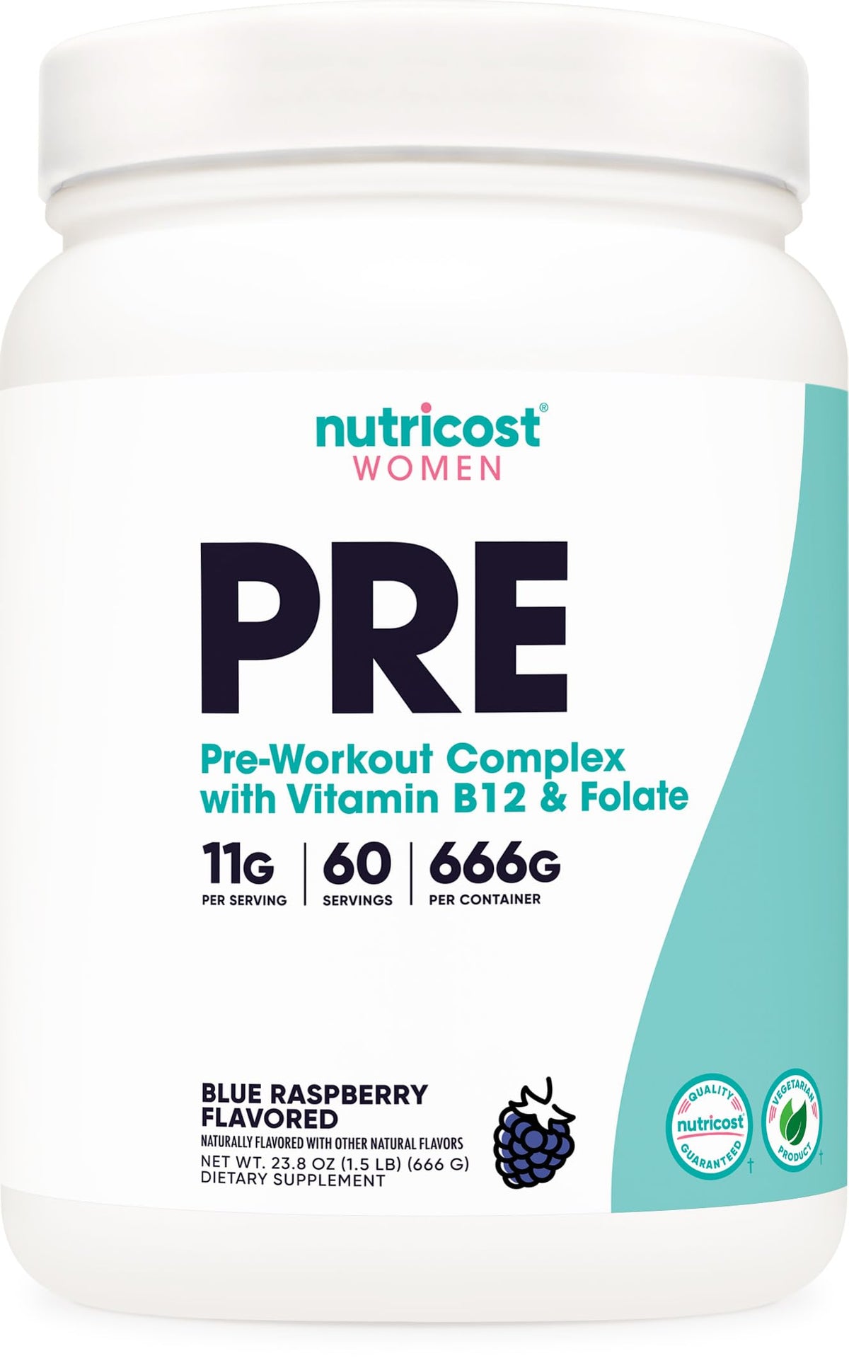 Nutricost Pre-entrenamiento para mujeres, arándano azul en lata, sabor estimulante para entrenos.